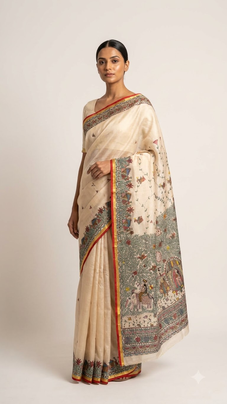 Hand-Painted Doli Ka Haar Madhubani Linen Cotton Saree with Bird Butis & Silver Zari Border in Pastel Pink