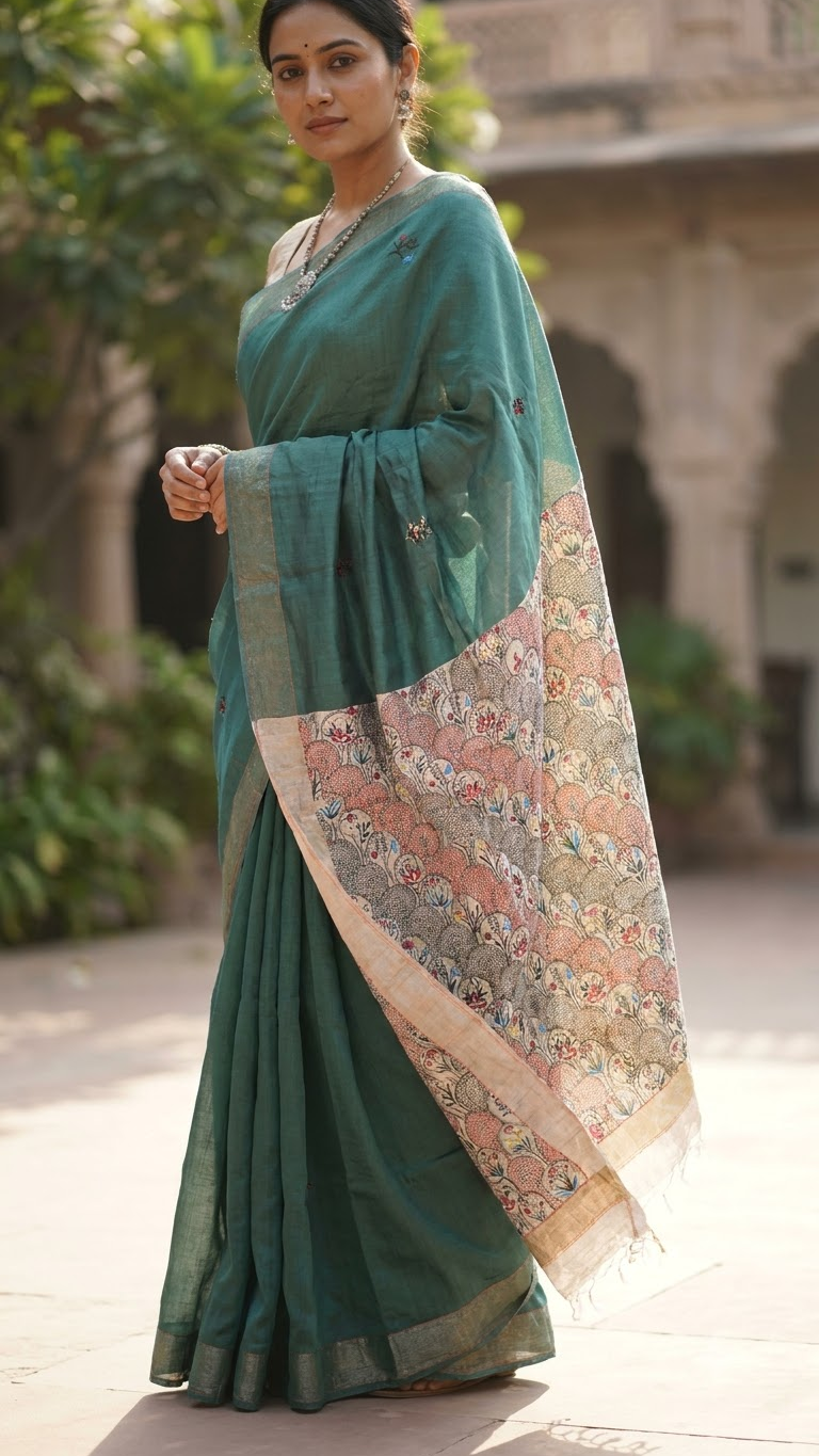 Handpainted Green Madhubani Tussar Staple Silk Saree with Sujani & Zari Border
