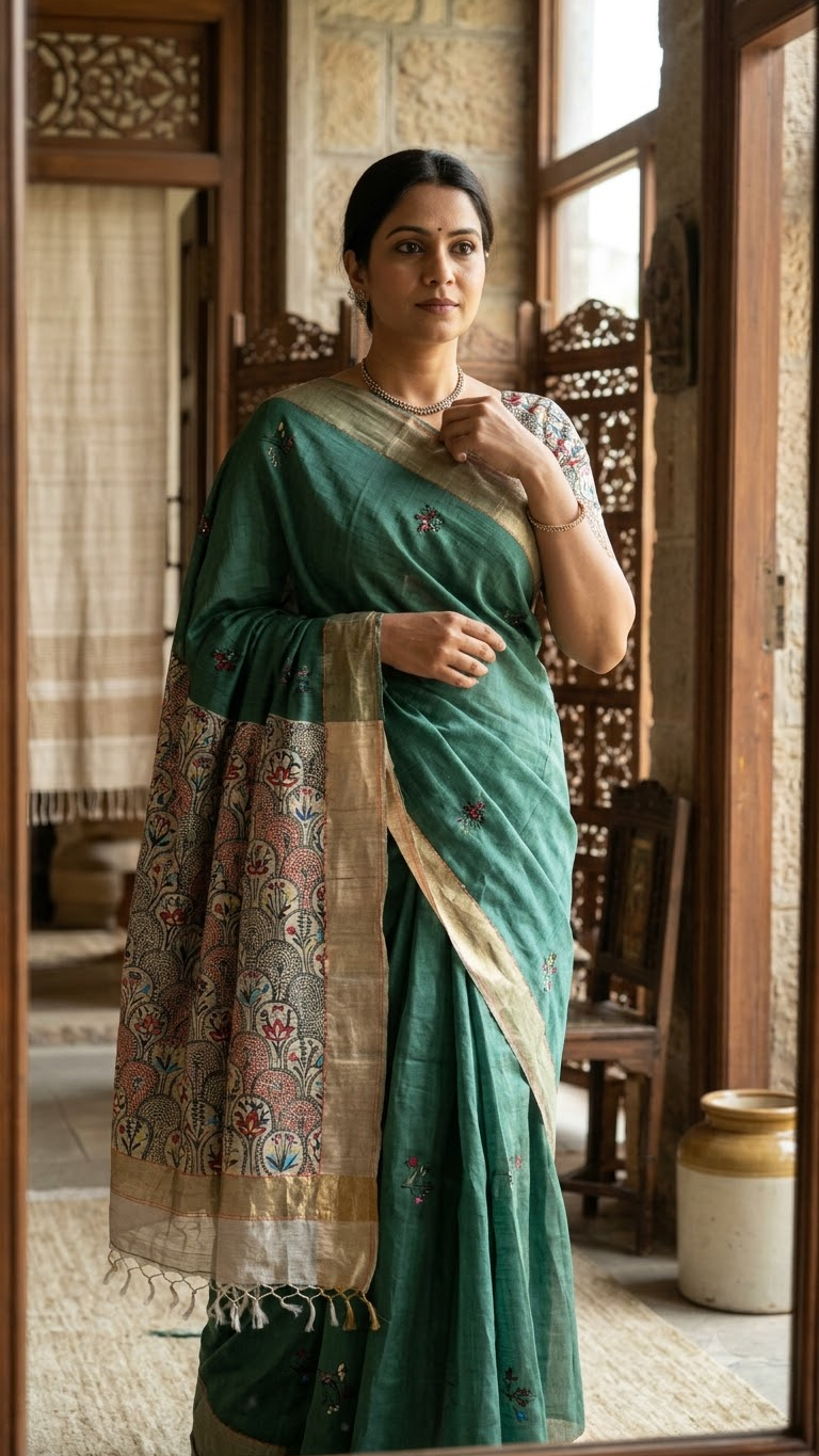 Handpainted Green Madhubani Tussar Staple Silk Saree with Sujani & Zari Border