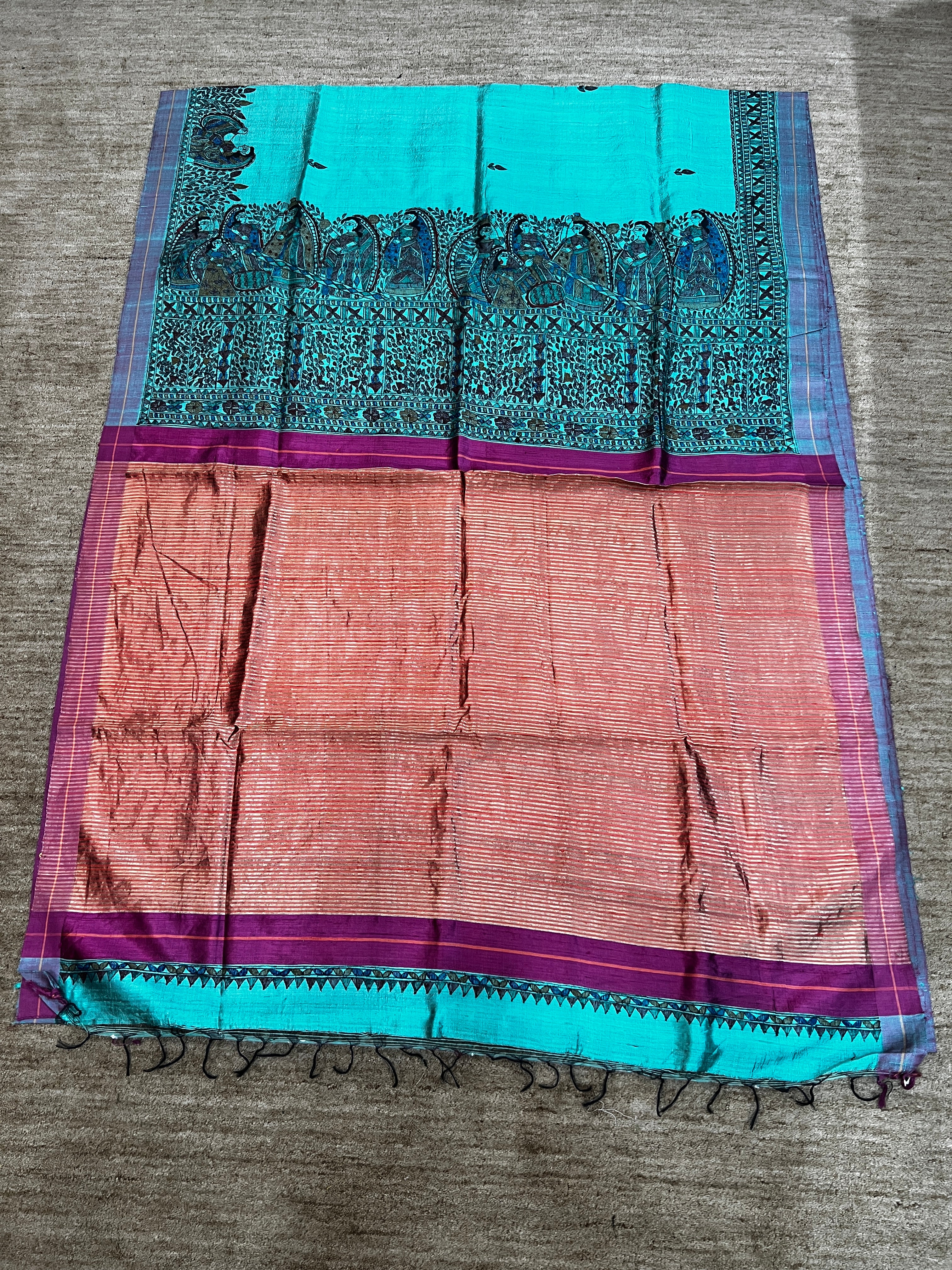 Hand-painted Madhubani Saree with Sujani Embroidery on Dupion silk