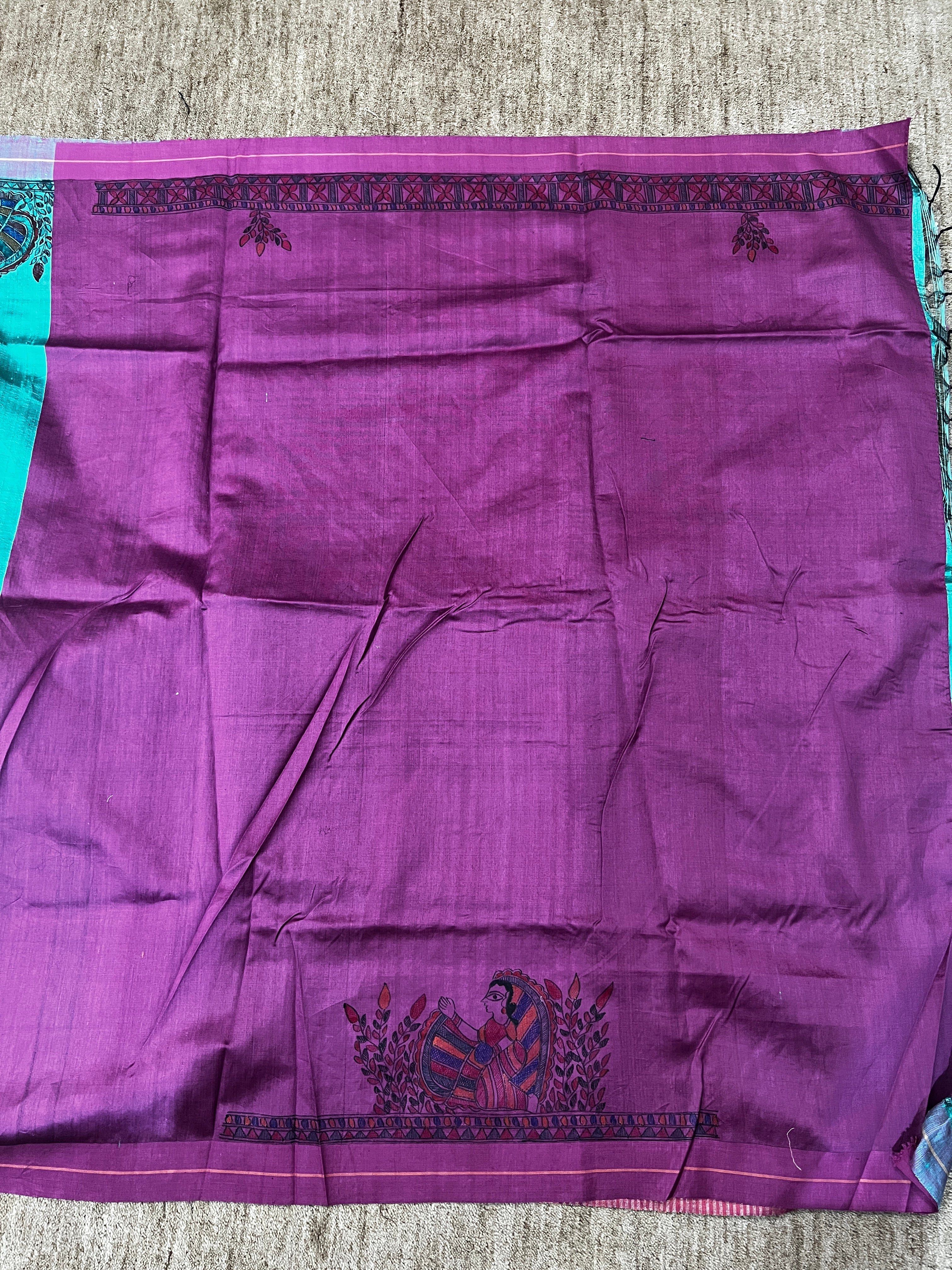 Hand-painted Madhubani Saree with Sujani Embroidery on Dupion silk