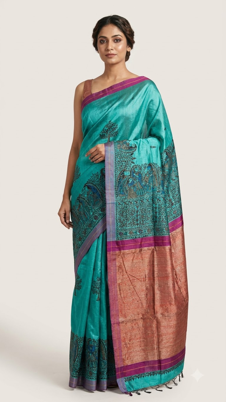 Hand-painted Madhubani Saree with Sujani Embroidery on Dupion silk