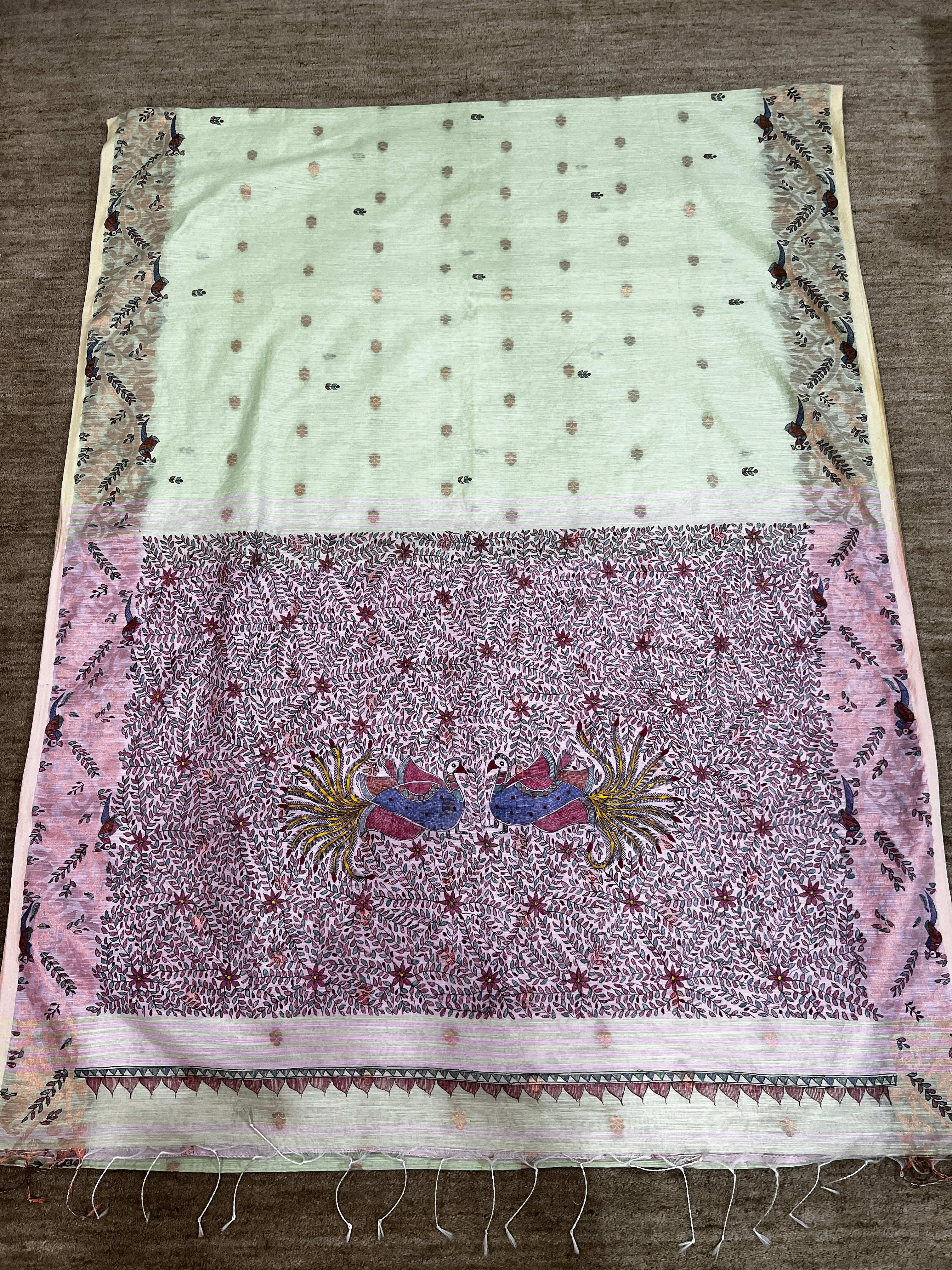 Hand-painted Jamdani Khadi Saree with Madhubani Art and Neem Zari