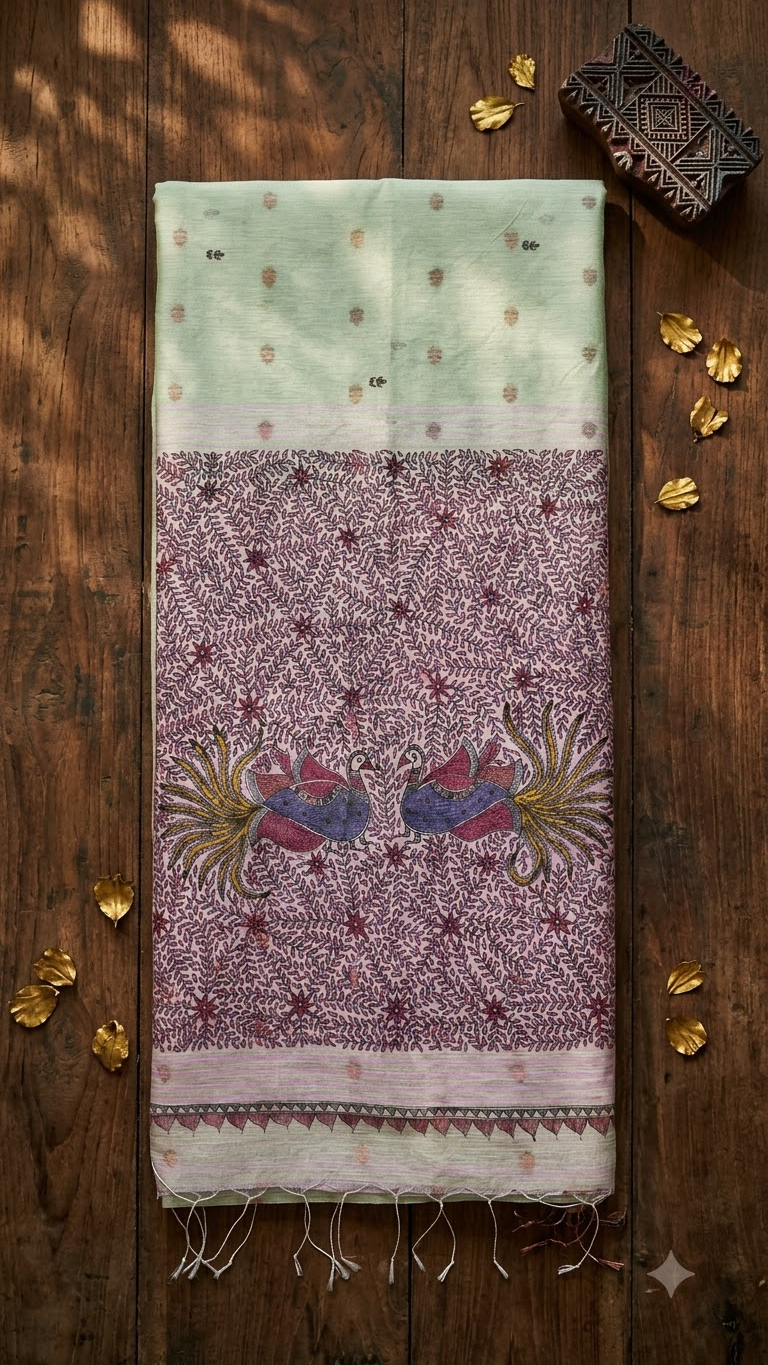 Hand-painted Jamdani Khadi Saree with Madhubani Art and Neem Zari