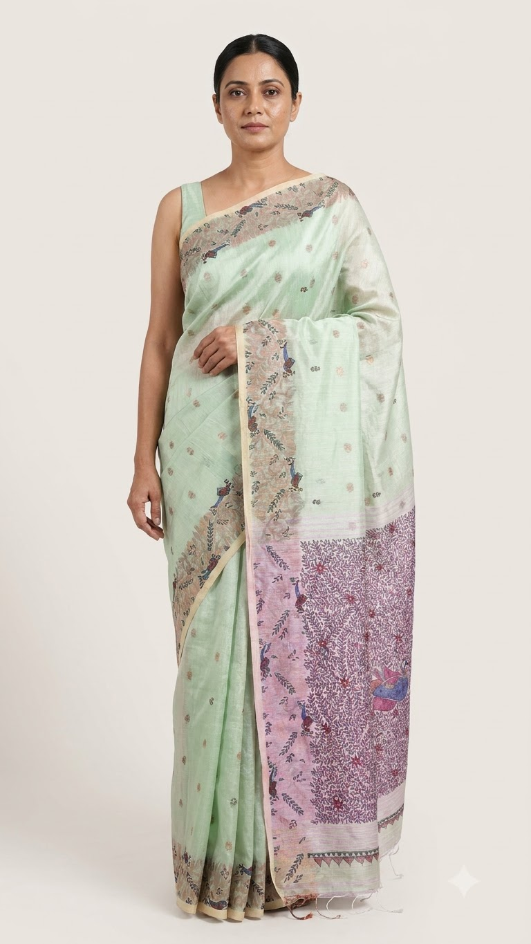 Hand-painted Jamdani Khadi Saree with Madhubani Art and Neem Zari