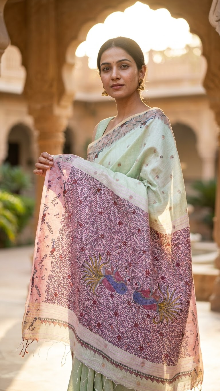 Hand-painted Jamdani Khadi Saree with Madhubani Art and Neem Zari
