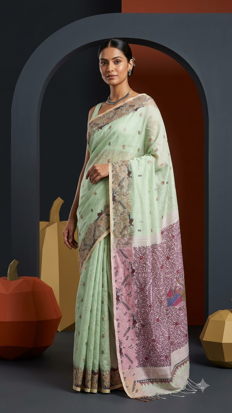 Hand-painted Jamdani Khadi Saree with Madhubani Art and Neem Zari
