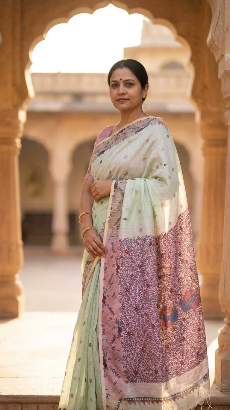 Hand-painted Jamdani Khadi Saree with Madhubani Art and Neem Zari