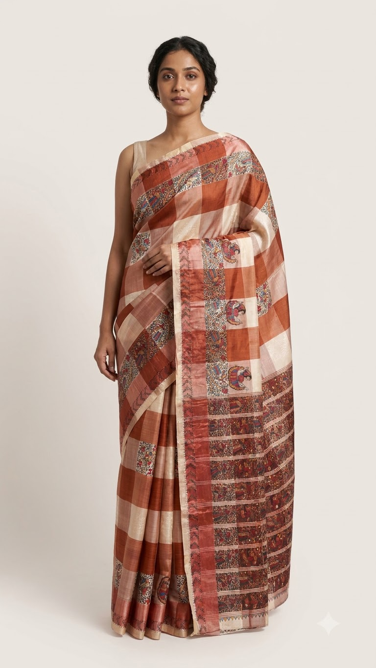 Hand-painted Madhubani on Murshidabad Silk Saree