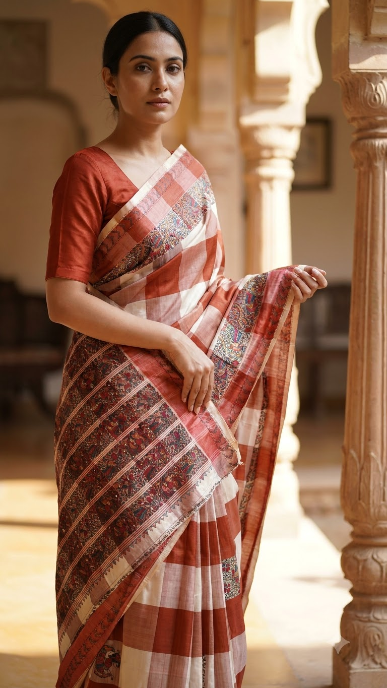 Hand-painted Madhubani on Murshidabad Silk Saree
