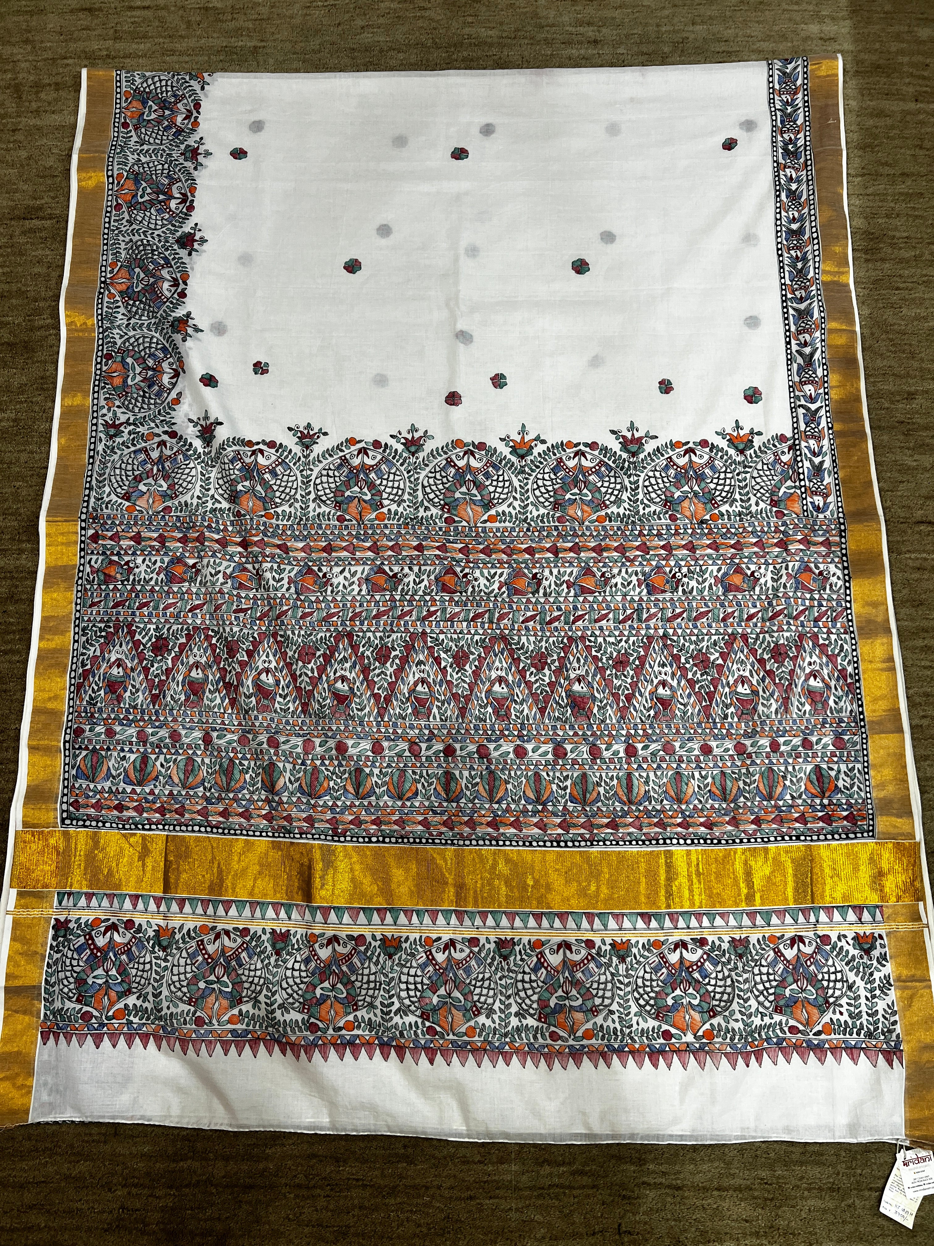 Hand-painted Ivory White Kerala Kasavu Cotton Saree with Madhubani Art & Antique Zari Border