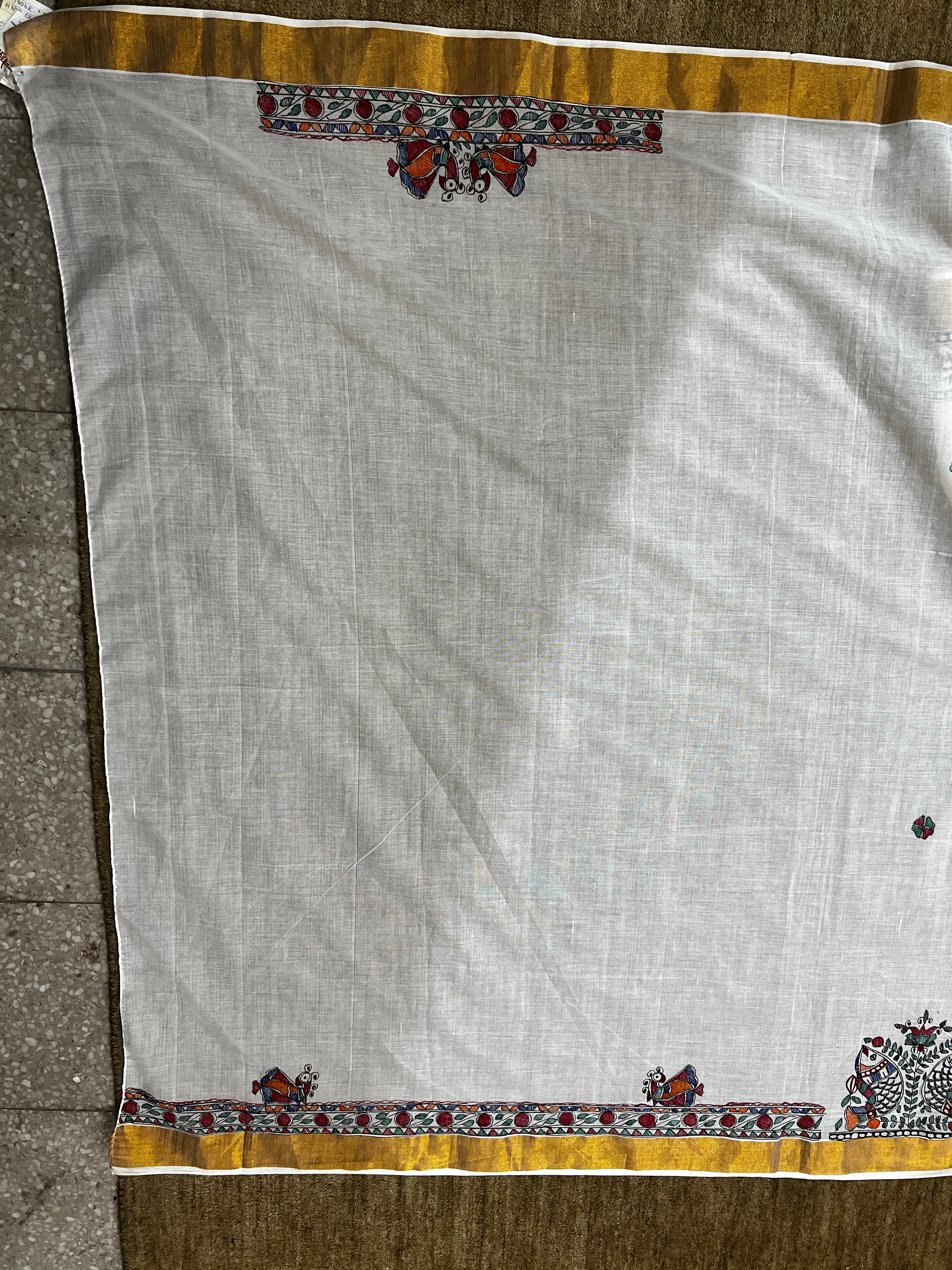 Hand-painted Ivory White Kerala Kasavu Cotton Saree with Madhubani Art & Antique Zari Border
