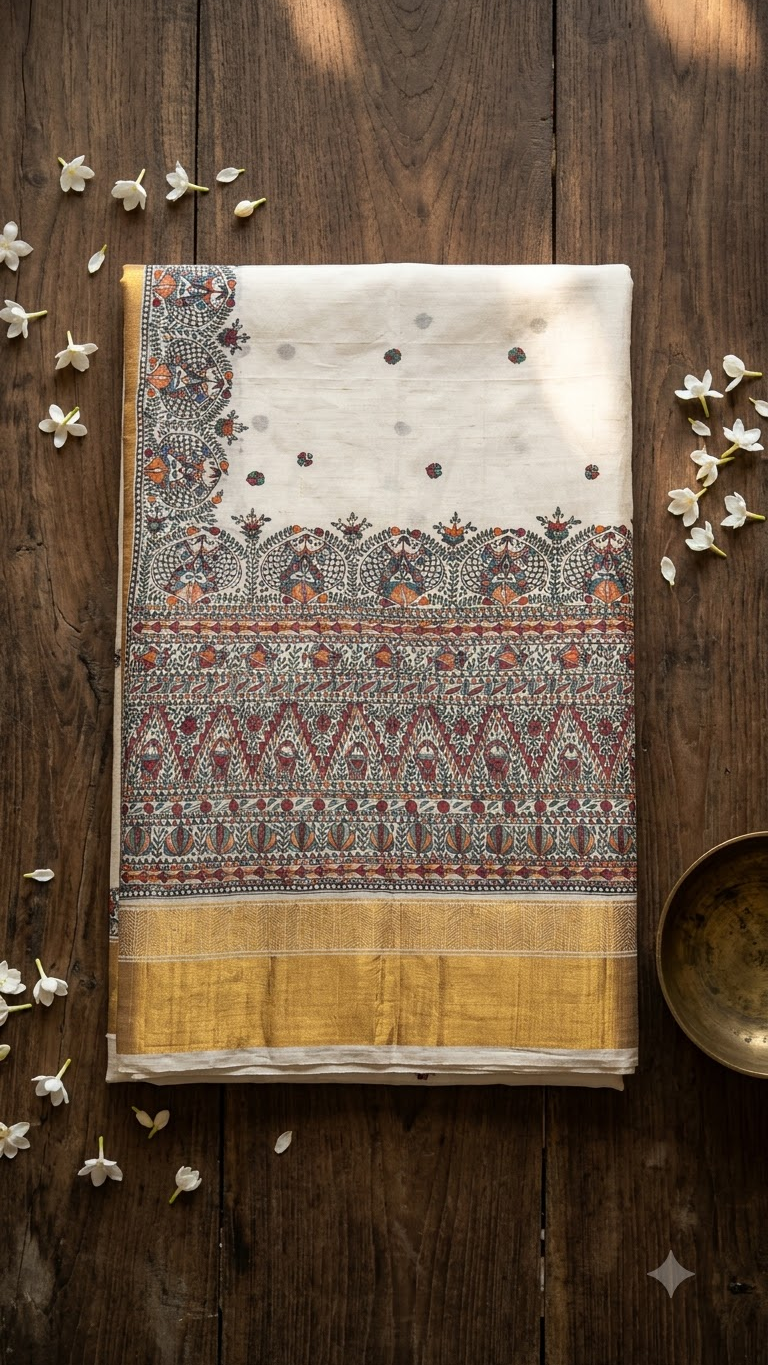 Hand-painted Ivory White Kerala Kasavu Cotton Saree with Madhubani Art & Antique Zari Border