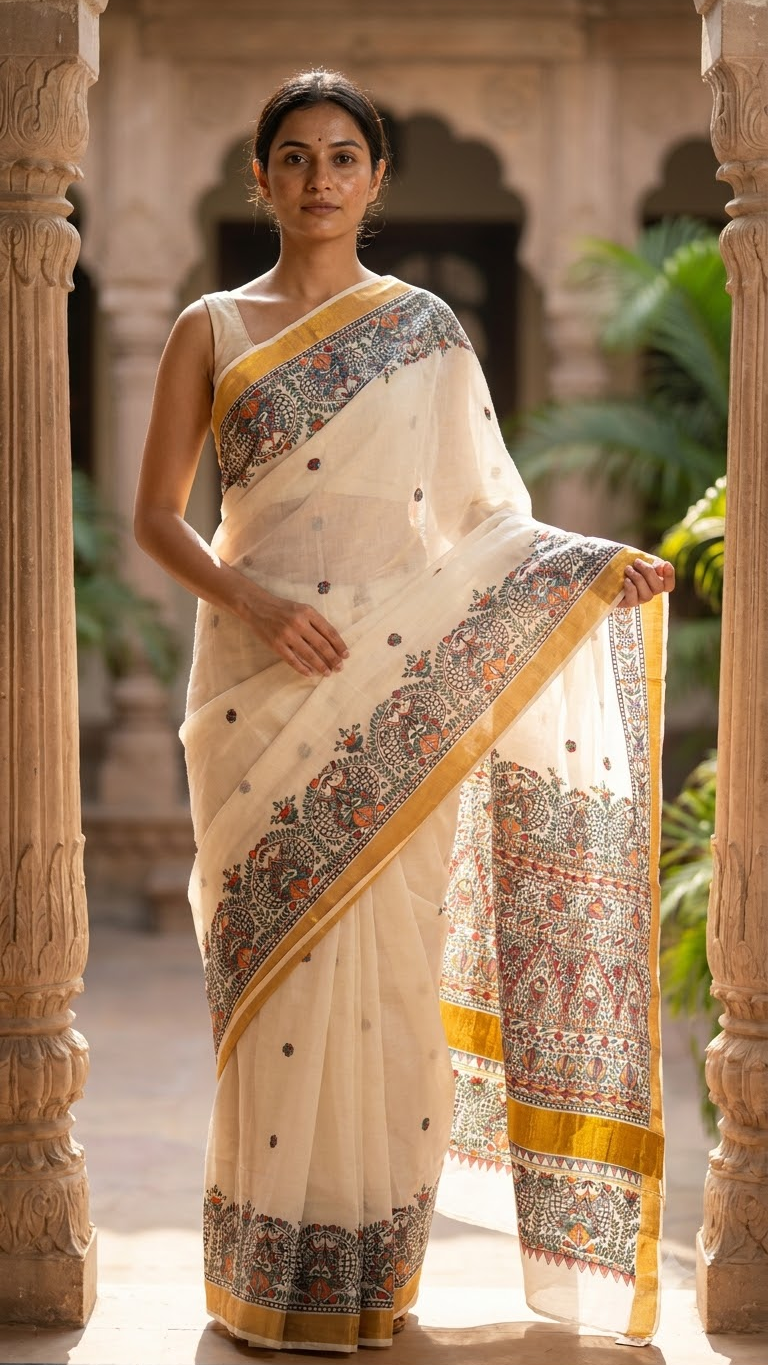 Hand-painted Ivory White Kerala Kasavu Cotton Saree with Madhubani Art & Antique Zari Border