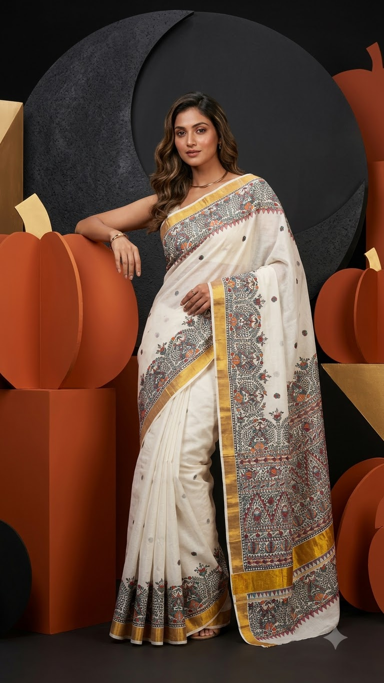 Hand-painted Ivory White Kerala Kasavu Cotton Saree with Madhubani Art & Antique Zari Border