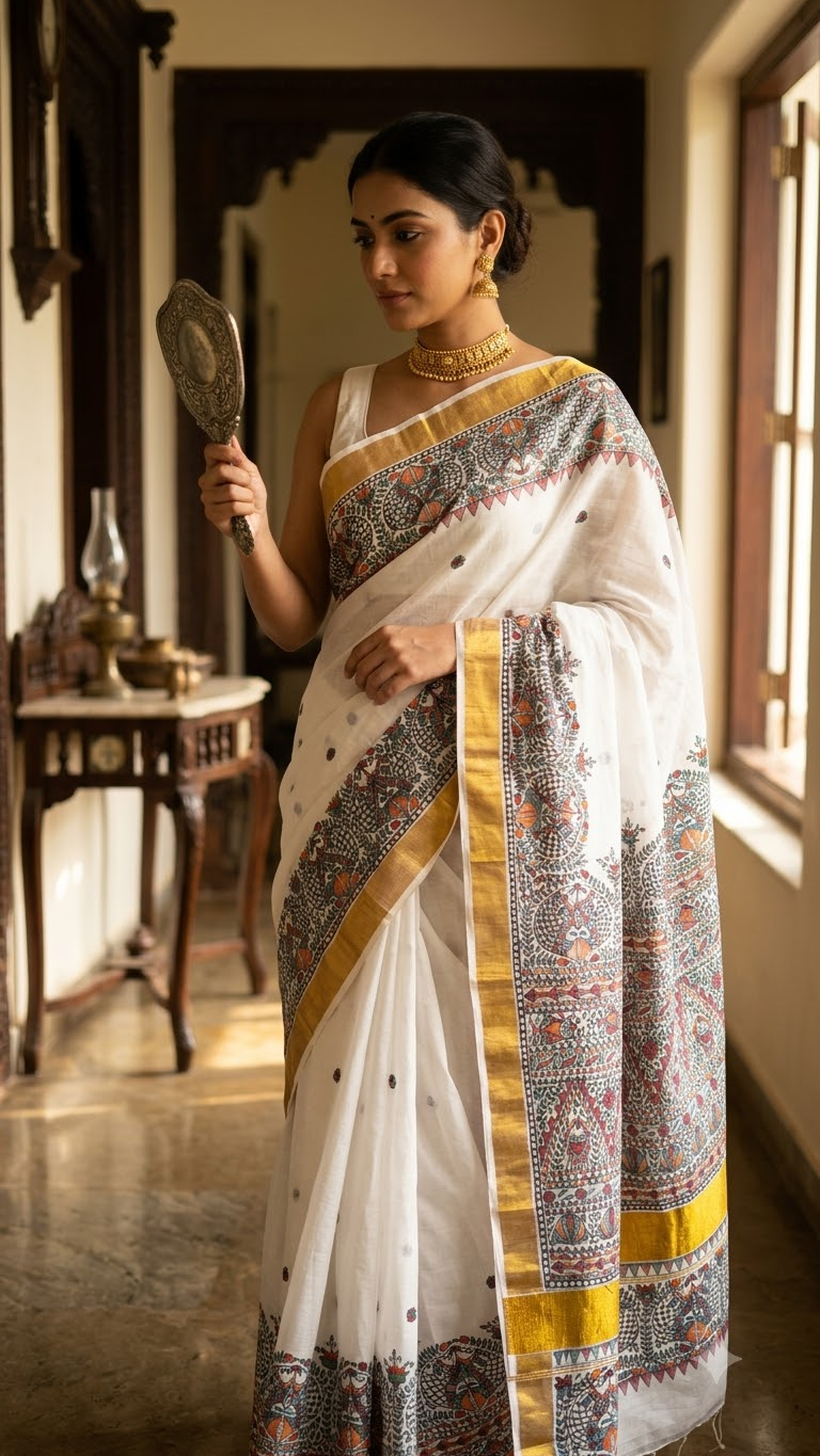 Hand-painted Ivory White Kerala Kasavu Cotton Saree with Madhubani Art & Antique Zari Border