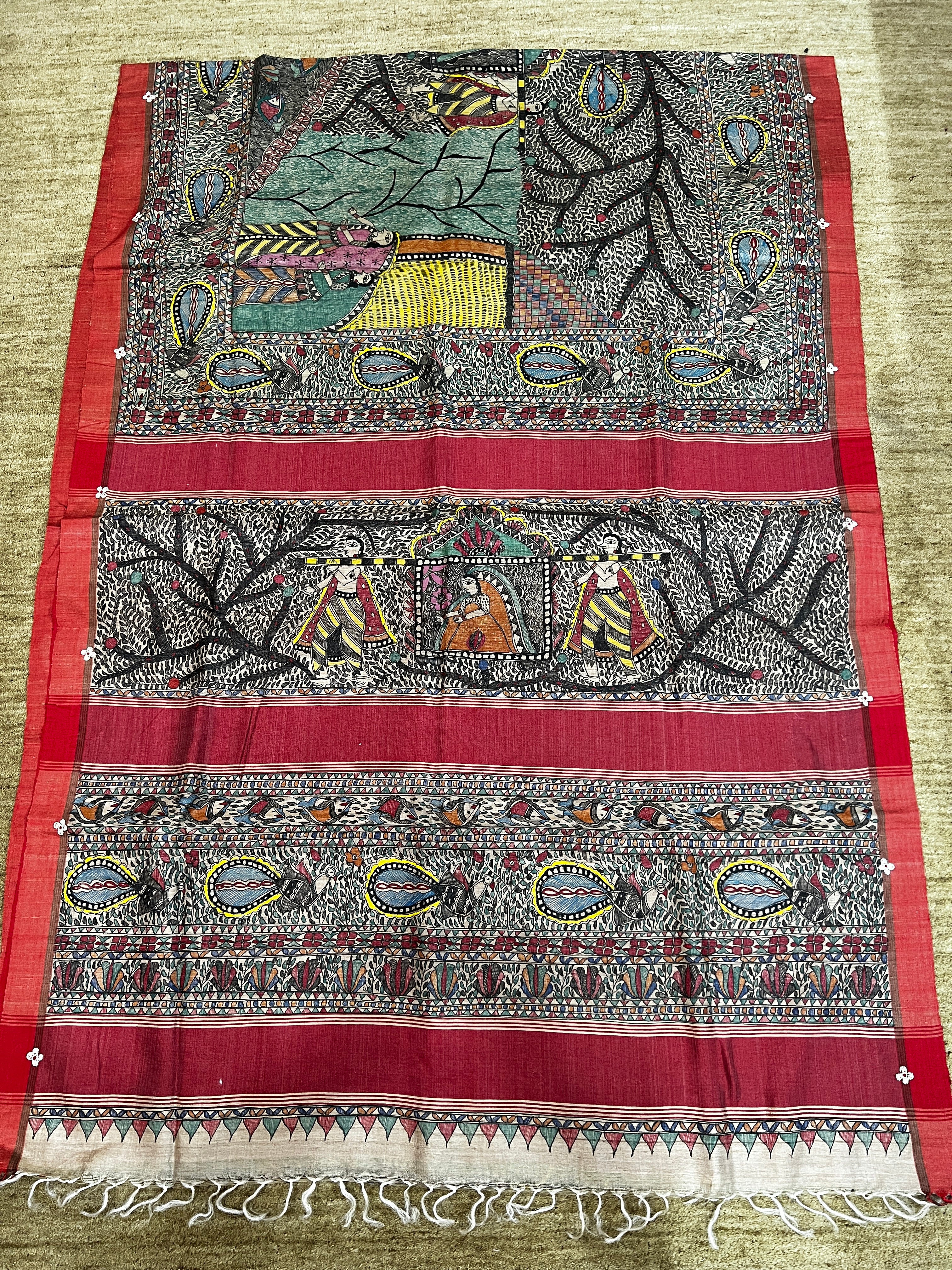 Hand-painted Desi Tussar Silk Saree with Madhubani Art, Doli Ka Haar Theme & Sujni Buti Border