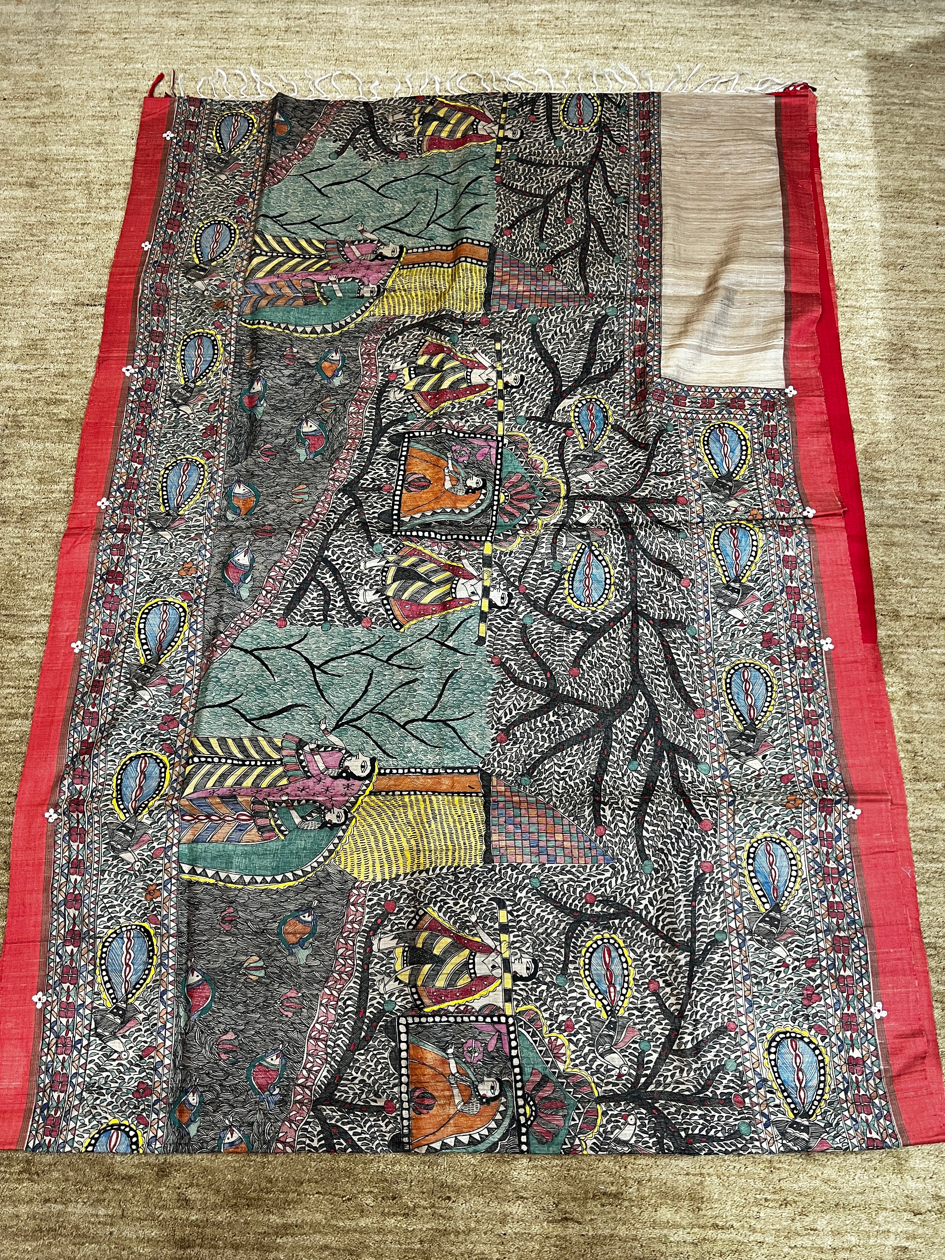 Hand-painted Desi Tussar Silk Saree with Madhubani Art, Doli Ka Haar Theme & Sujni Buti Border