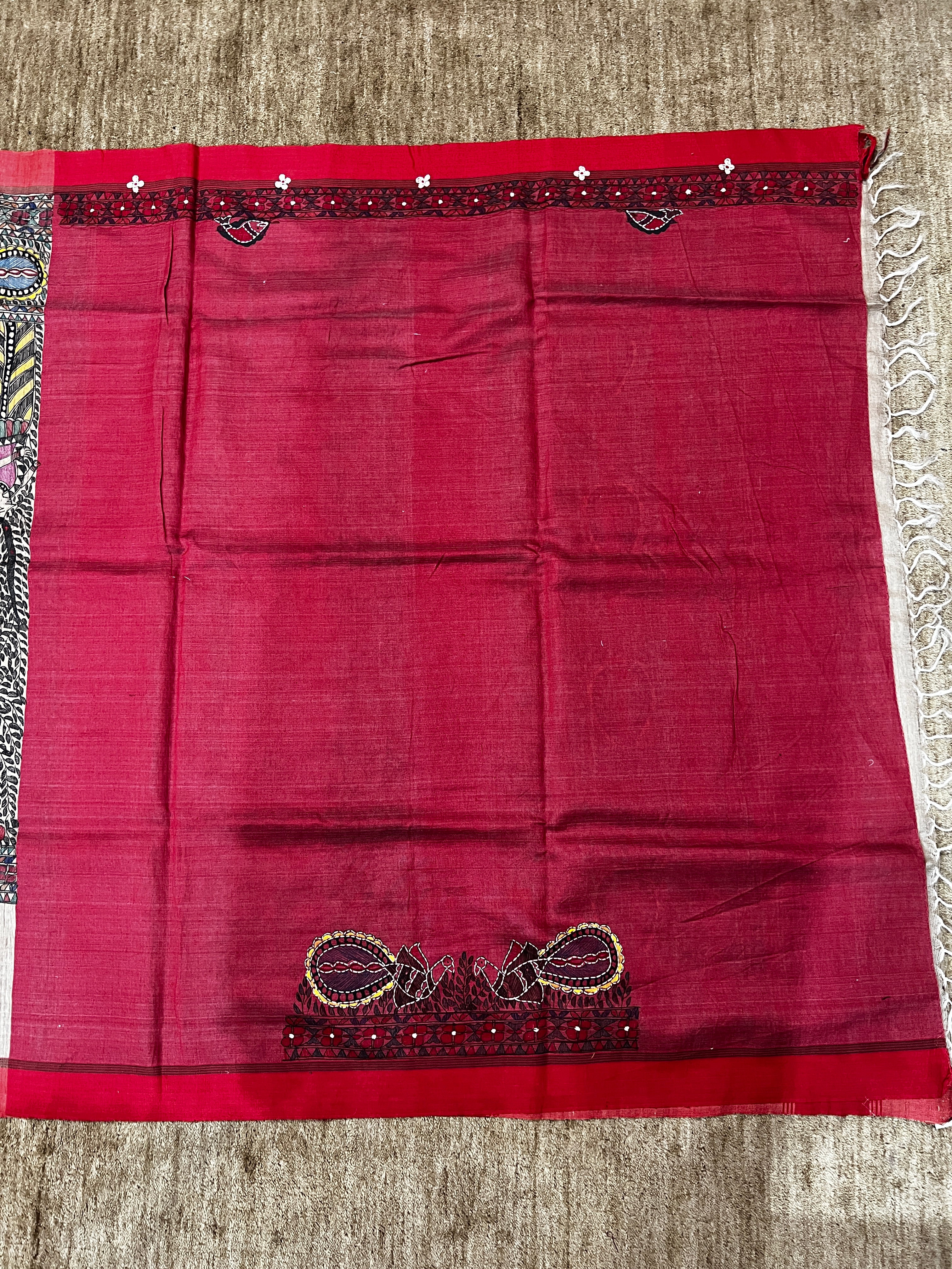 Hand-painted Desi Tussar Silk Saree with Madhubani Art, Doli Ka Haar Theme & Sujni Buti Border