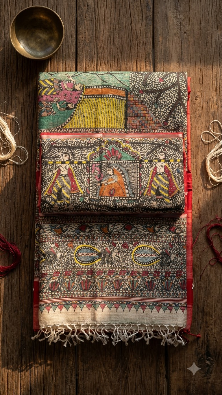 Hand-painted Desi Tussar Silk Saree with Madhubani Art, Doli Ka Haar Theme & Sujni Buti Border