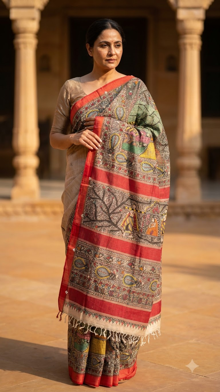 Hand-painted Desi Tussar Silk Saree with Madhubani Art, Doli Ka Haar Theme & Sujni Buti Border