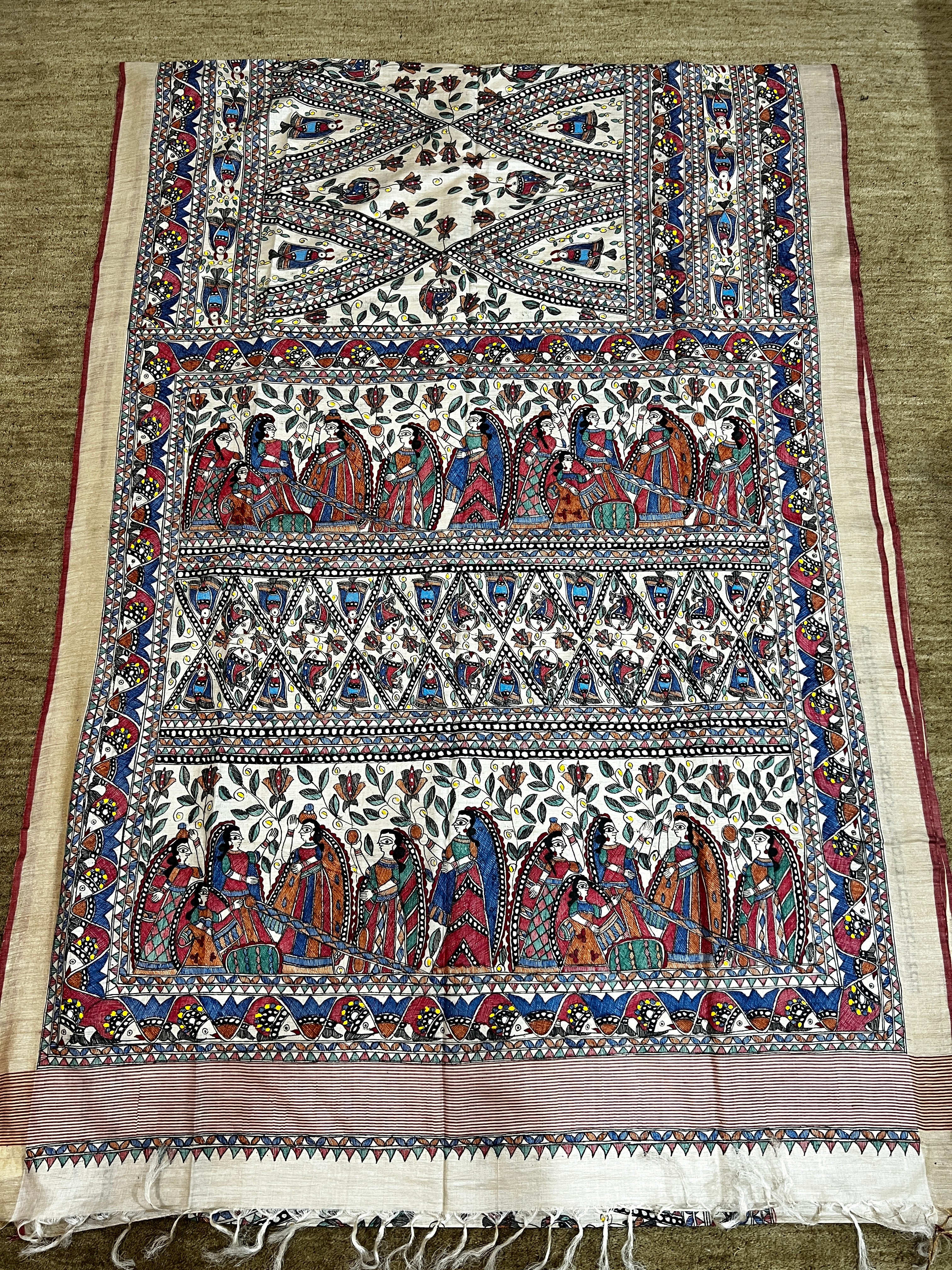 Hand-painted Tussar Munga Silk Saree with Madhubani Painting & Rich Zari Border