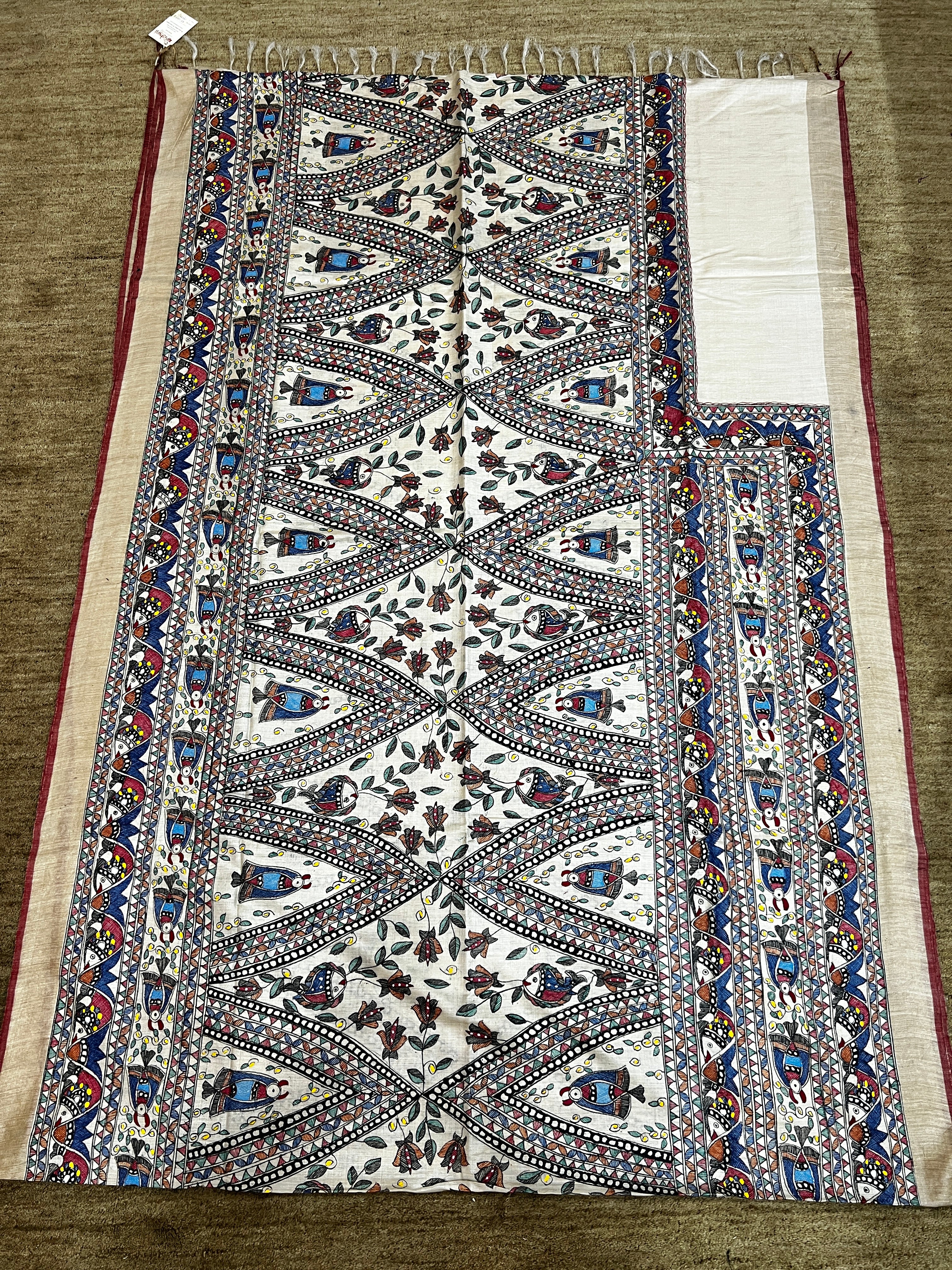 Hand-painted Tussar Munga Silk Saree with Madhubani Painting & Rich Zari Border