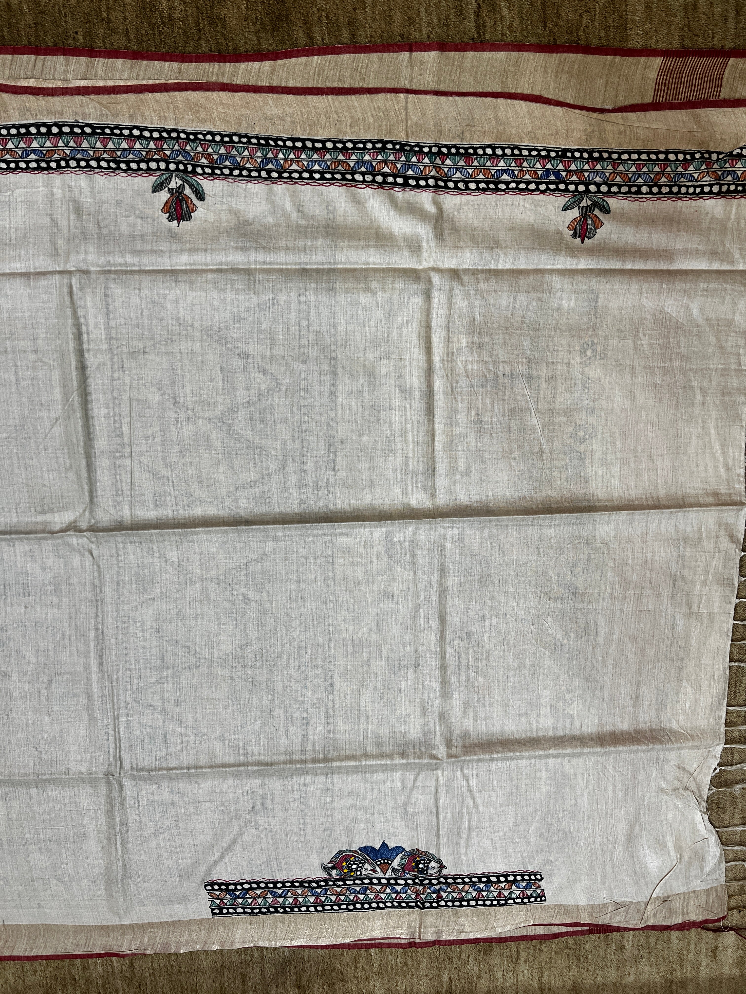 Hand-painted Tussar Munga Silk Saree with Madhubani Painting & Rich Zari Border