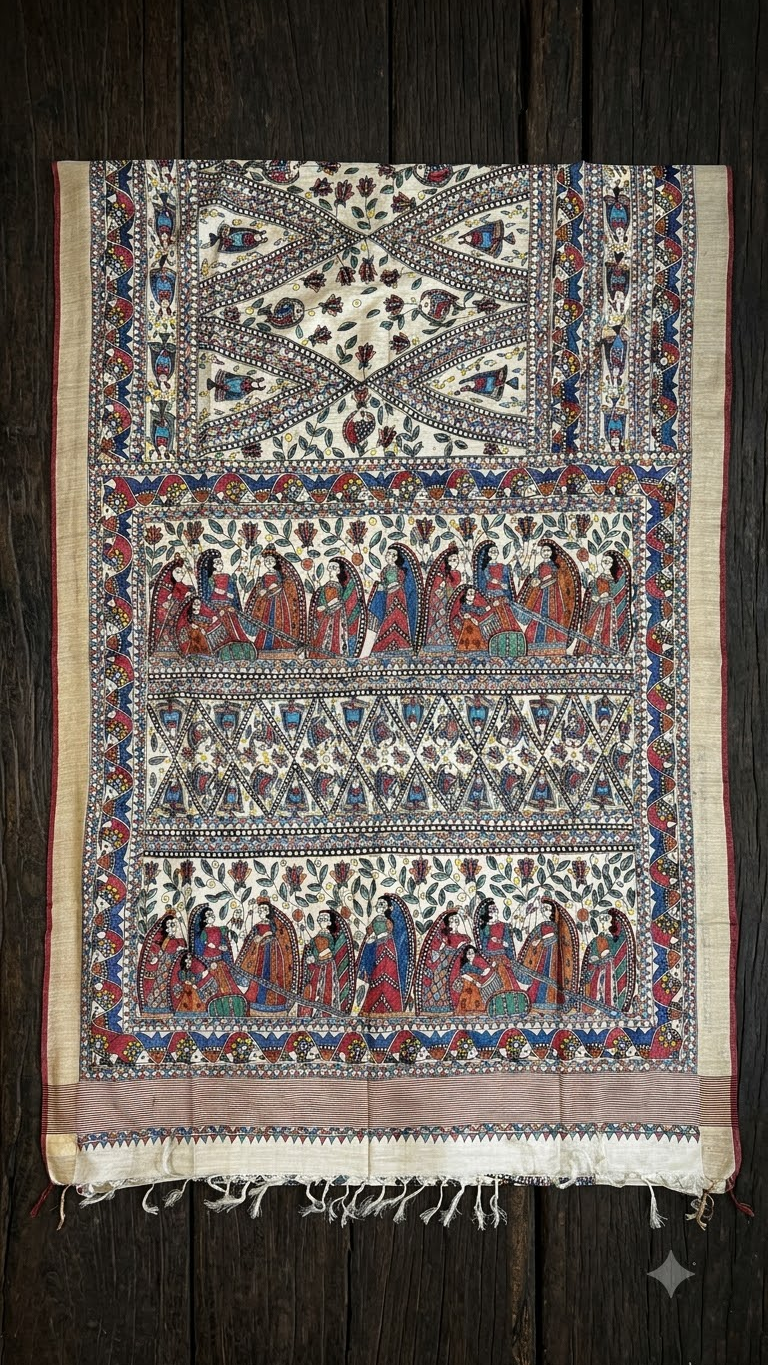 Hand-painted Tussar Munga Silk Saree with Madhubani Painting & Rich Zari Border