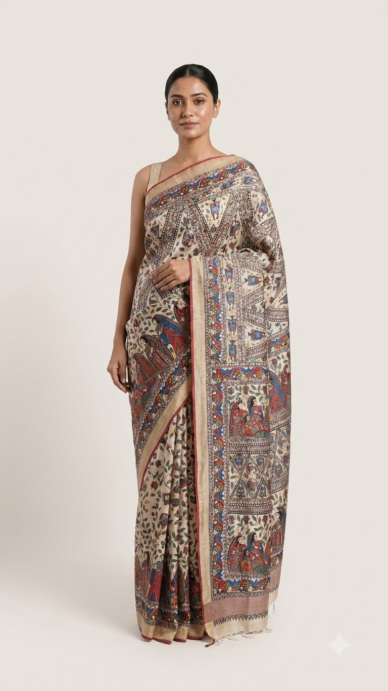 Hand-painted Tussar Munga Silk Saree with Madhubani Painting & Rich Zari Border