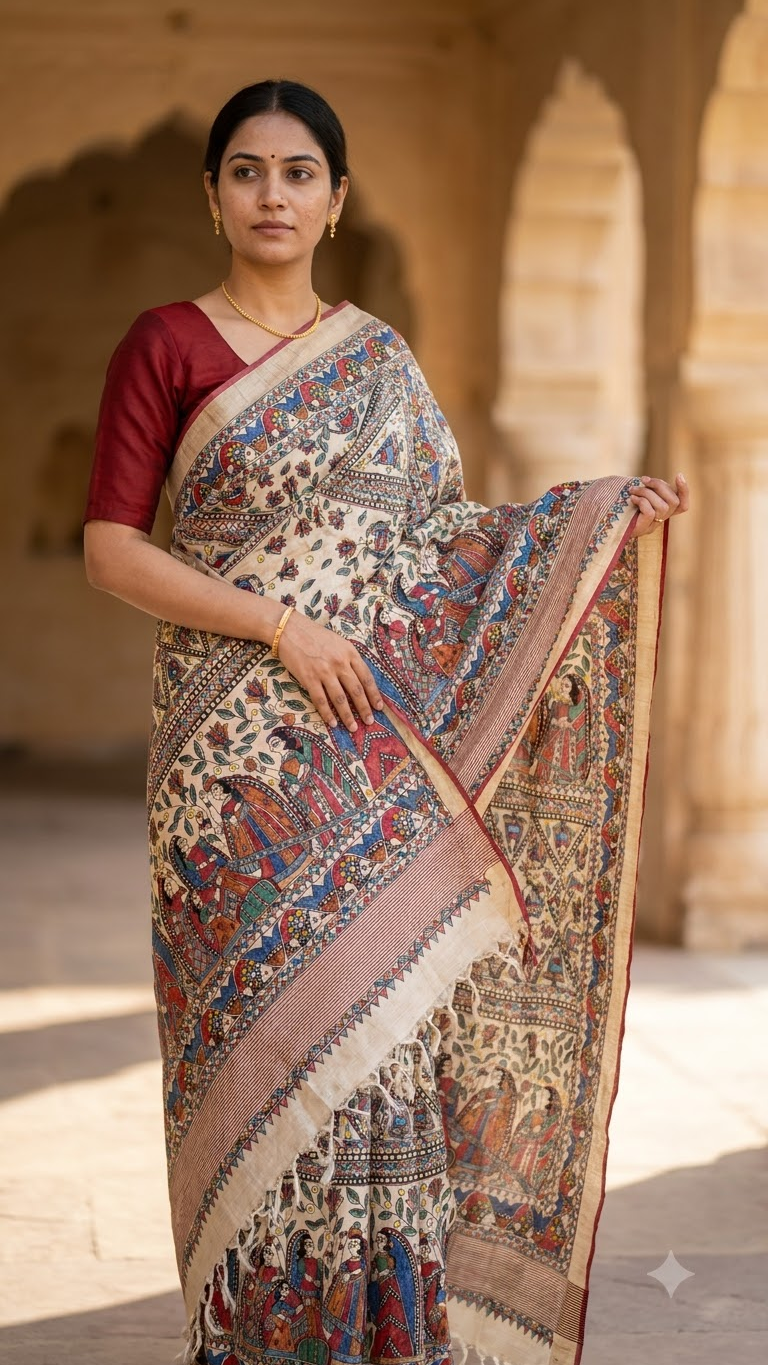 Hand-painted Tussar Munga Silk Saree with Madhubani Painting & Rich Zari Border