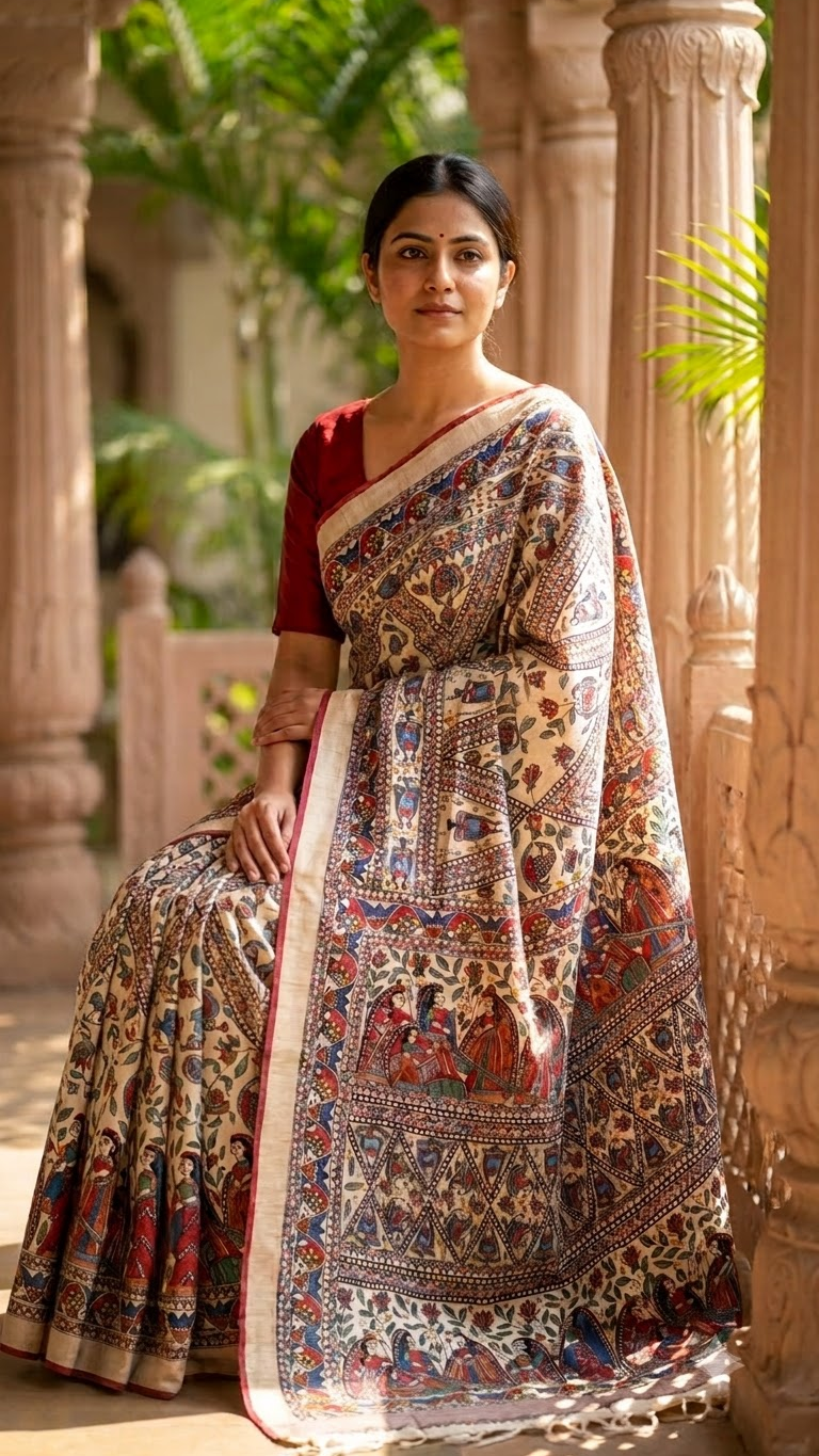 Hand-painted Tussar Munga Silk Saree with Madhubani Painting & Rich Zari Border