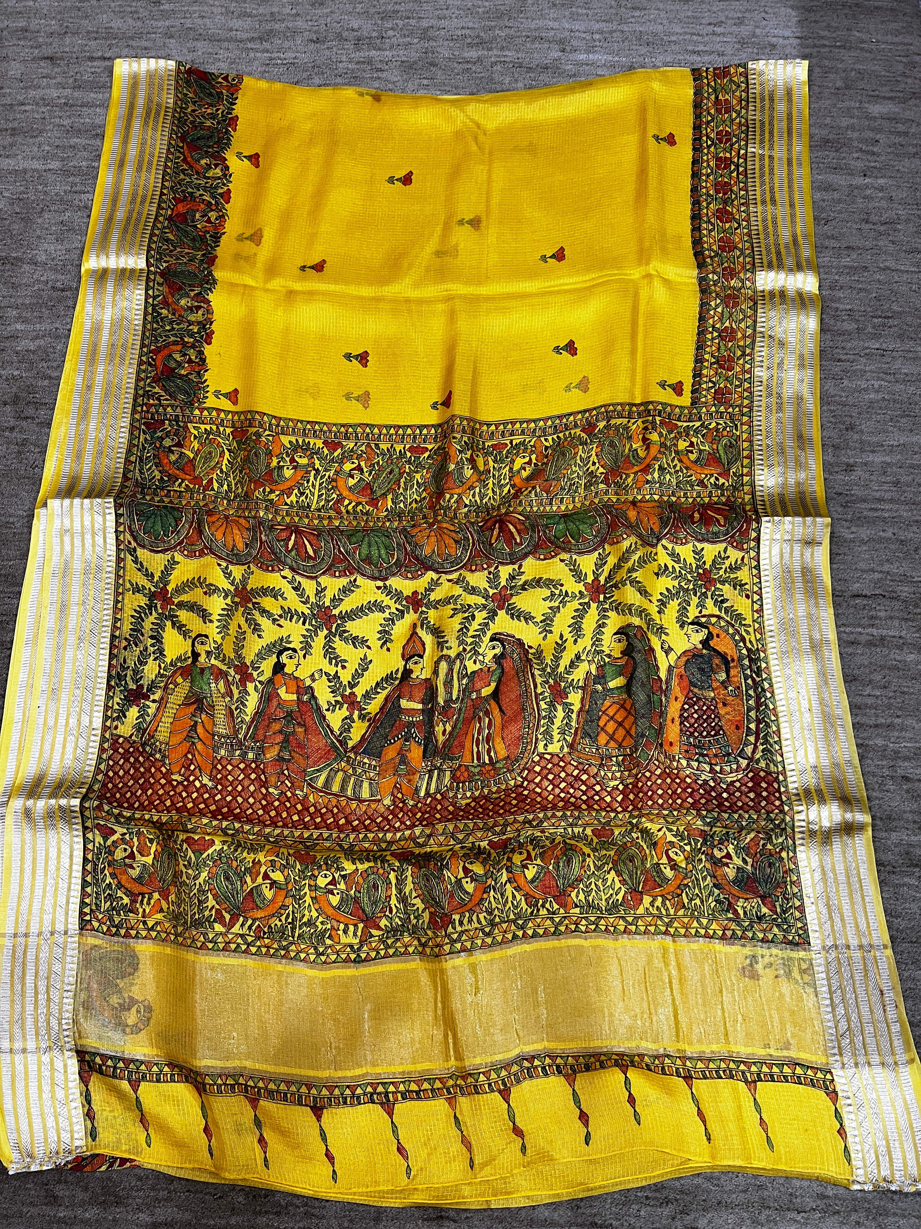Hand- painted Mustard Yellow Kota Silk Saree with Ram - Sita Swayamwar Madhubani Art & Silver Zari Border