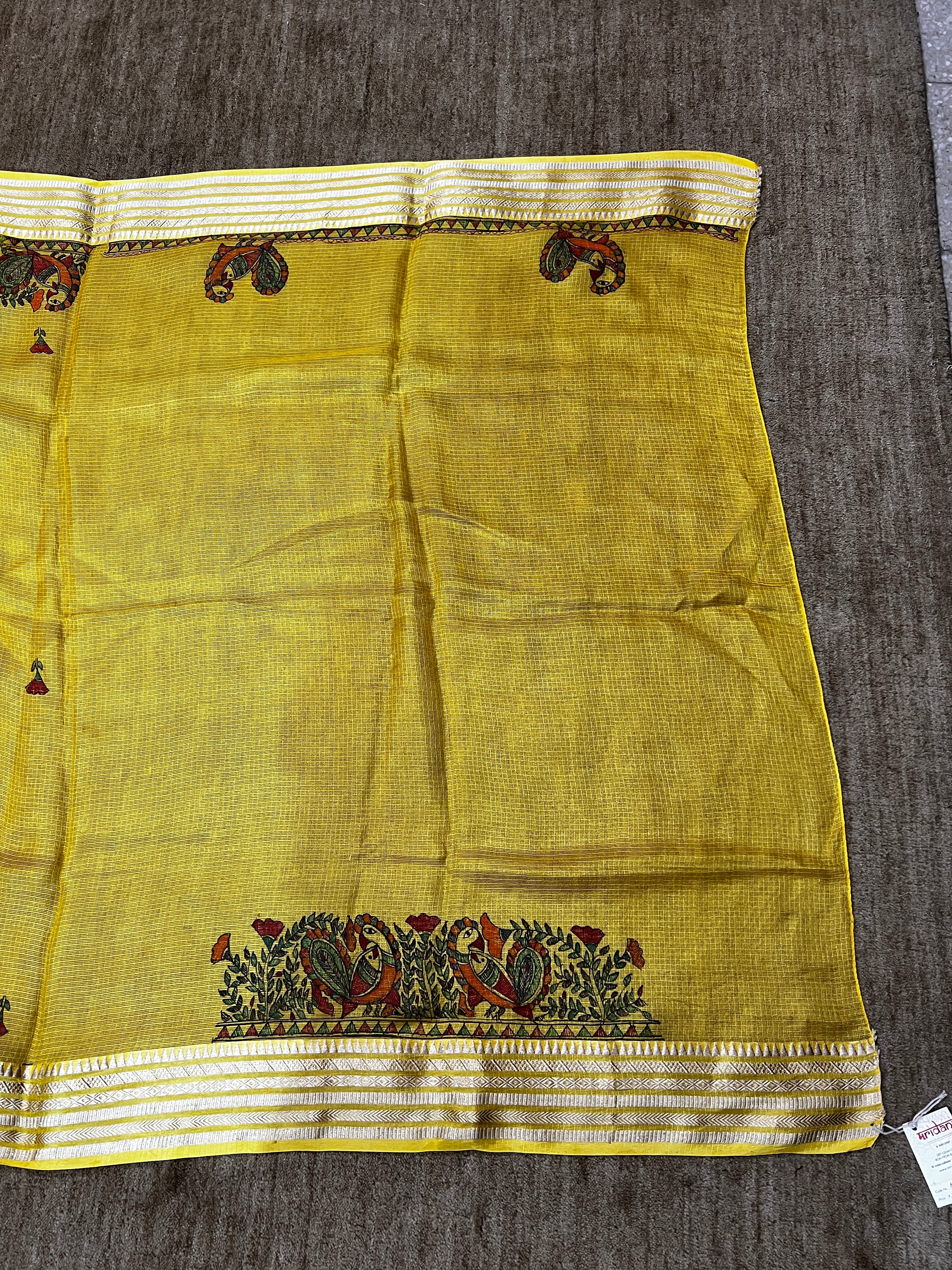 Hand- painted Mustard Yellow Kota Silk Saree with Ram - Sita Swayamwar Madhubani Art & Silver Zari Border