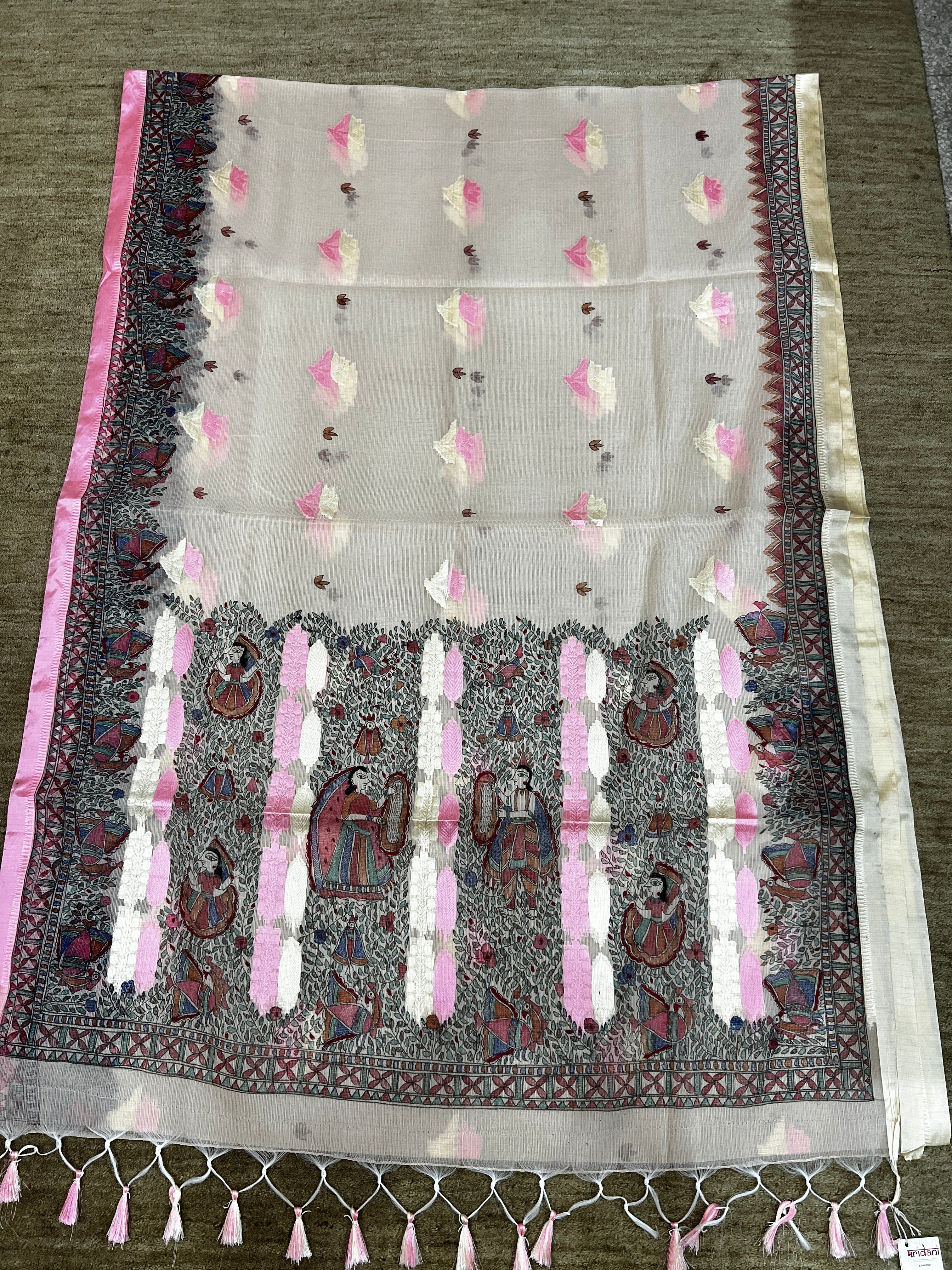 Hand-painted Ivory Pink Kota Silk Saree with Ram–Sita Swayamwar Madhubani Art & Rich Zari Border