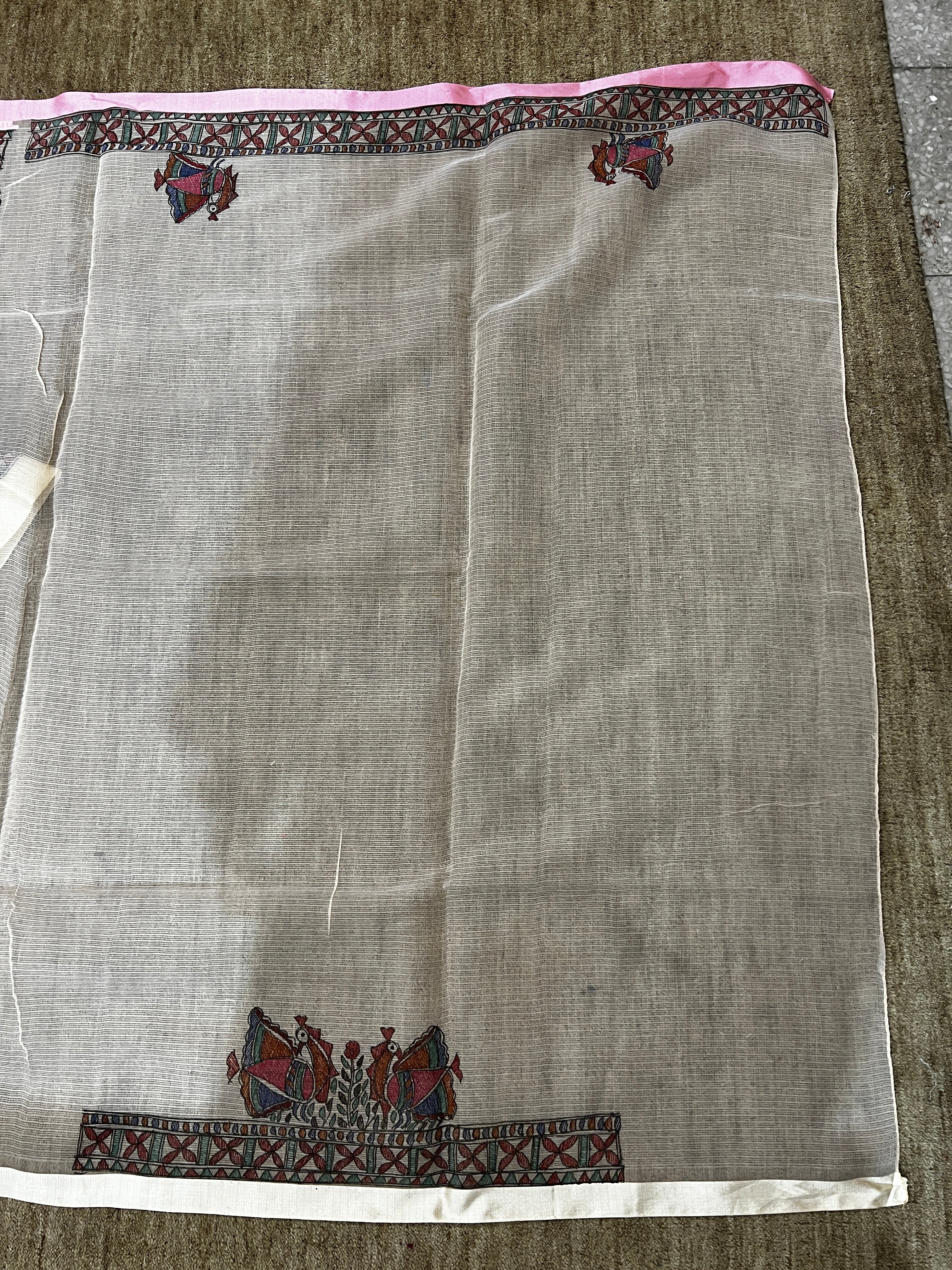 Hand-painted Ivory Pink Kota Silk Saree with Ram–Sita Swayamwar Madhubani Art & Rich Zari Border