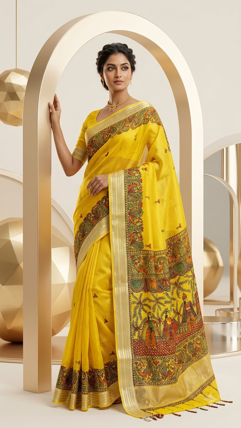 Hand- painted Mustard Yellow Kota Silk Saree with Ram - Sita Swayamwar Madhubani Art & Silver Zari Border