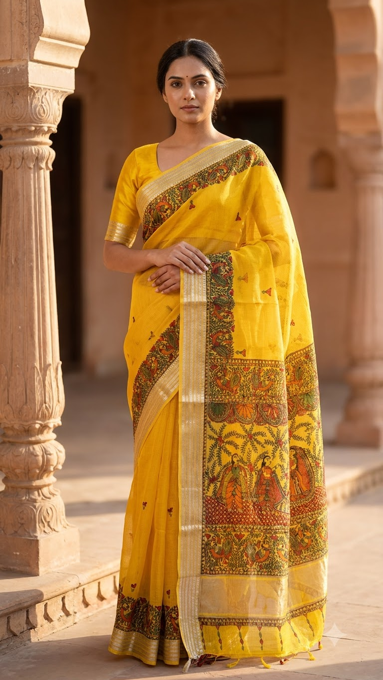 Hand- painted Mustard Yellow Kota Silk Saree with Ram - Sita Swayamwar Madhubani Art & Silver Zari Border