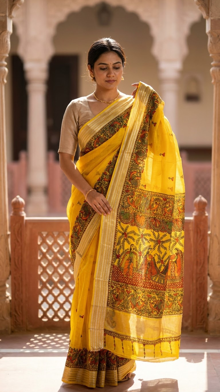 Hand- painted Mustard Yellow Kota Silk Saree with Ram - Sita Swayamwar Madhubani Art & Silver Zari Border