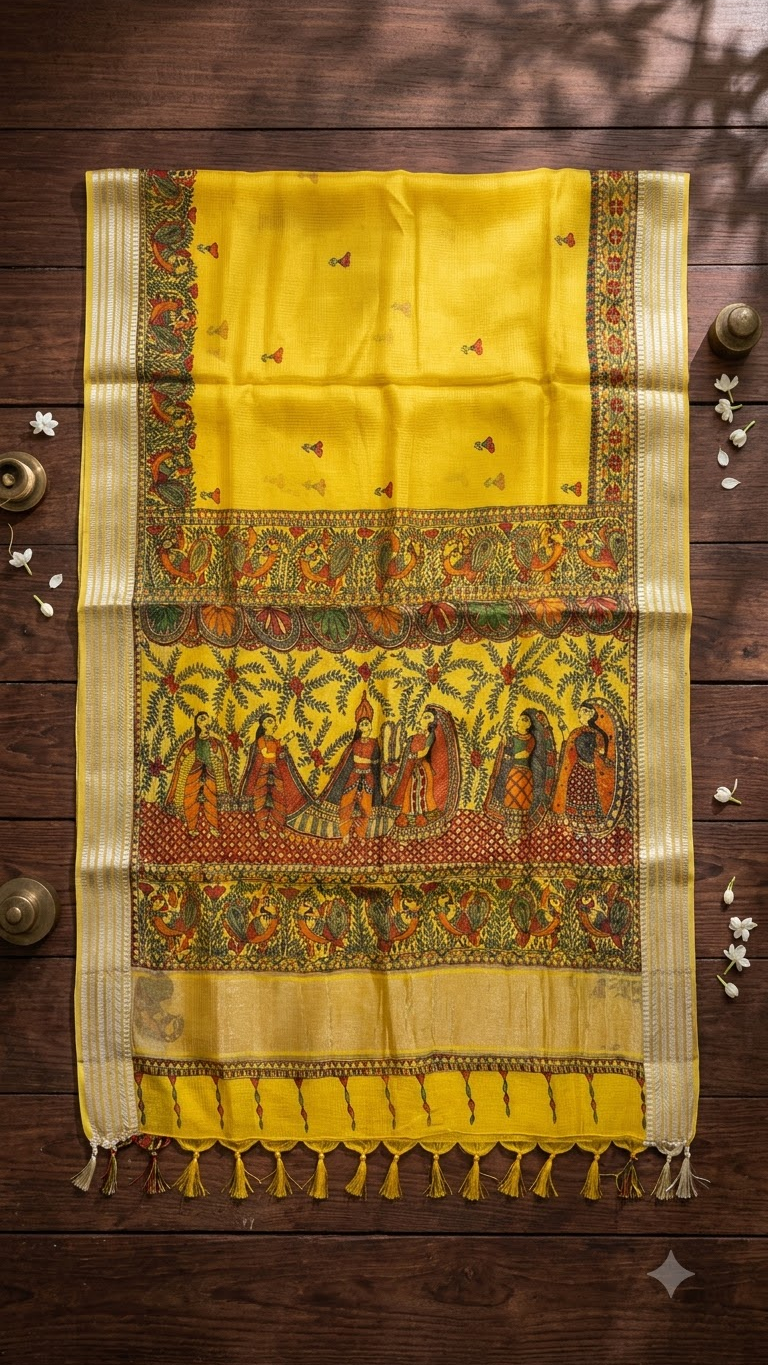 Hand- painted Mustard Yellow Kota Silk Saree with Ram - Sita Swayamwar Madhubani Art & Silver Zari Border