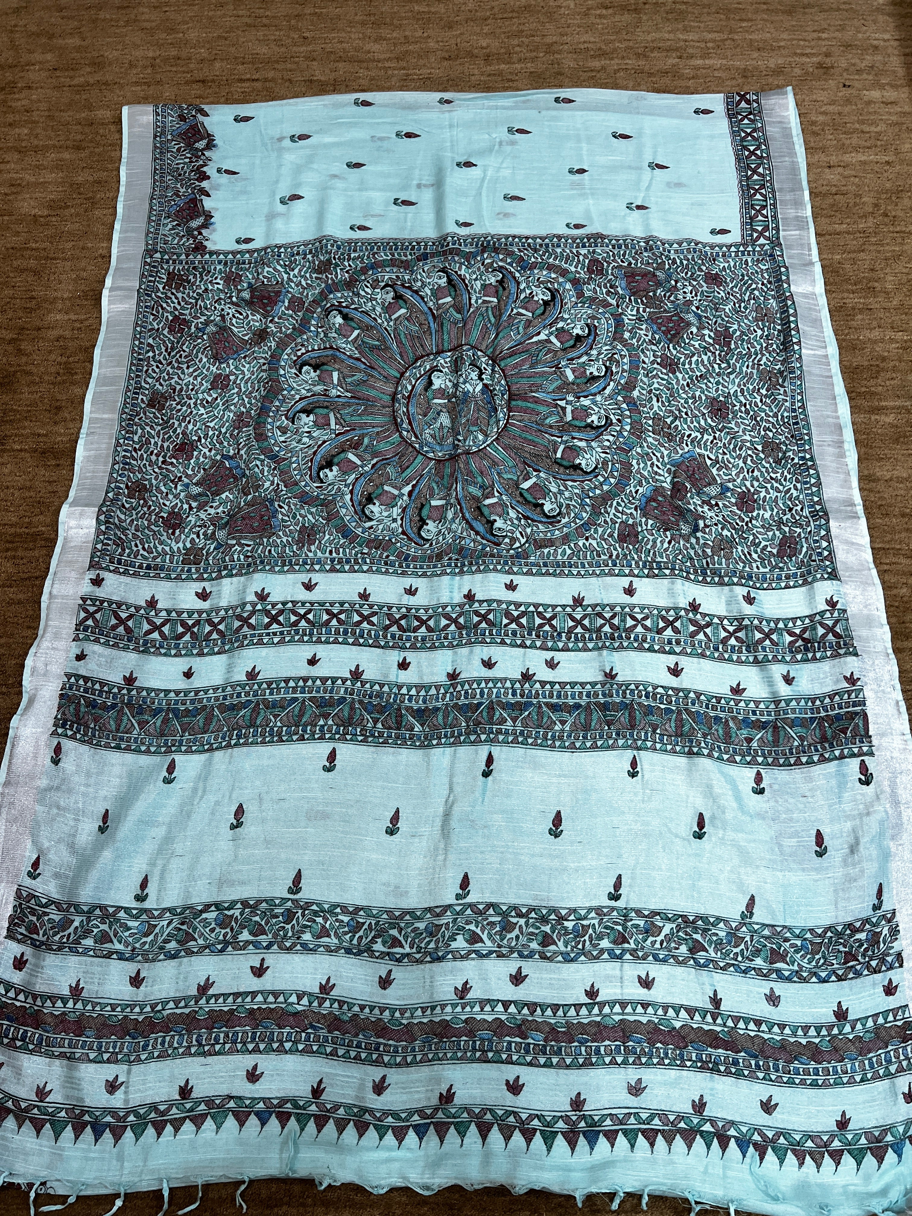 Hand-painted Rasleela Madhubani Linen Cotton Saree with Buti Body and Geometric Zari Border in Ice Blue