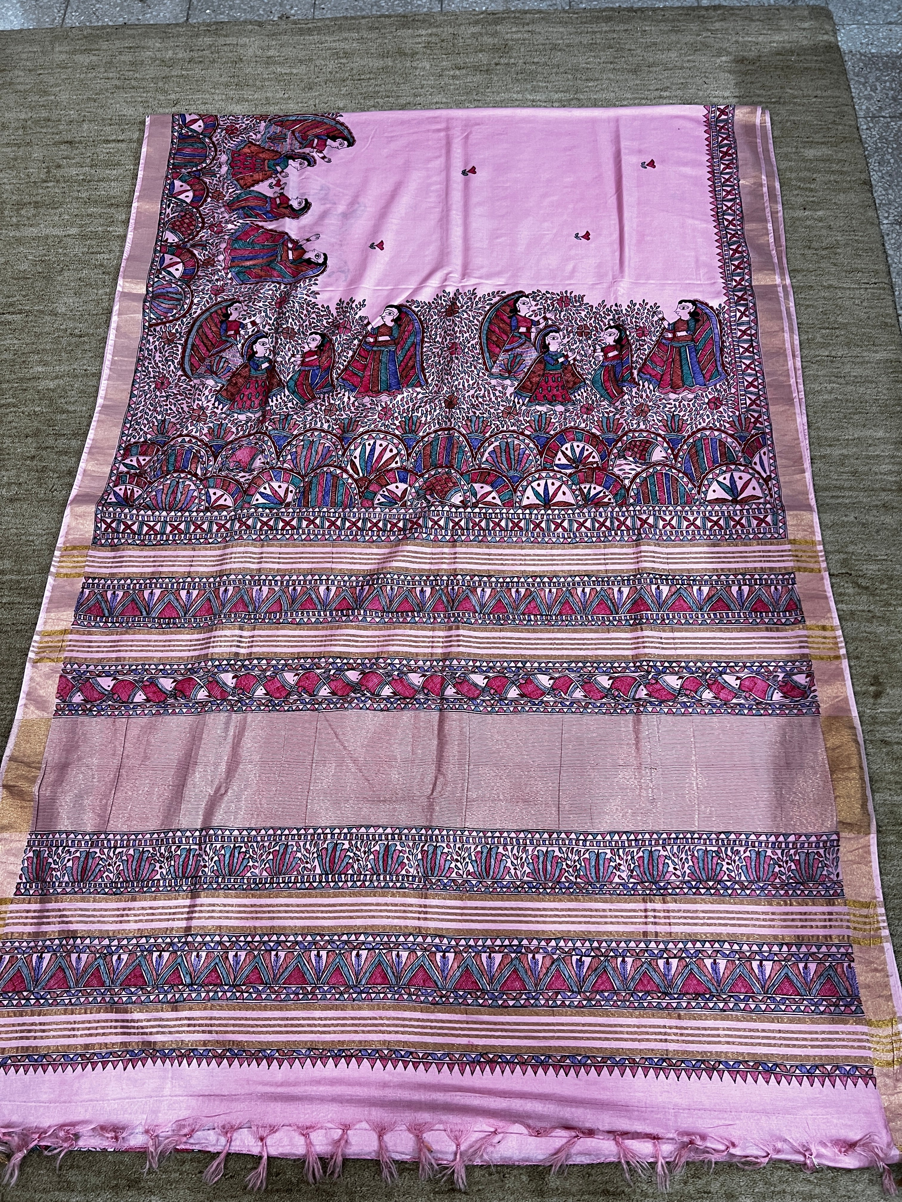 Hand-painted Blush Pink Dancing Doll Madhubani Cotton Silk Saree with Fish Motif Zari Border