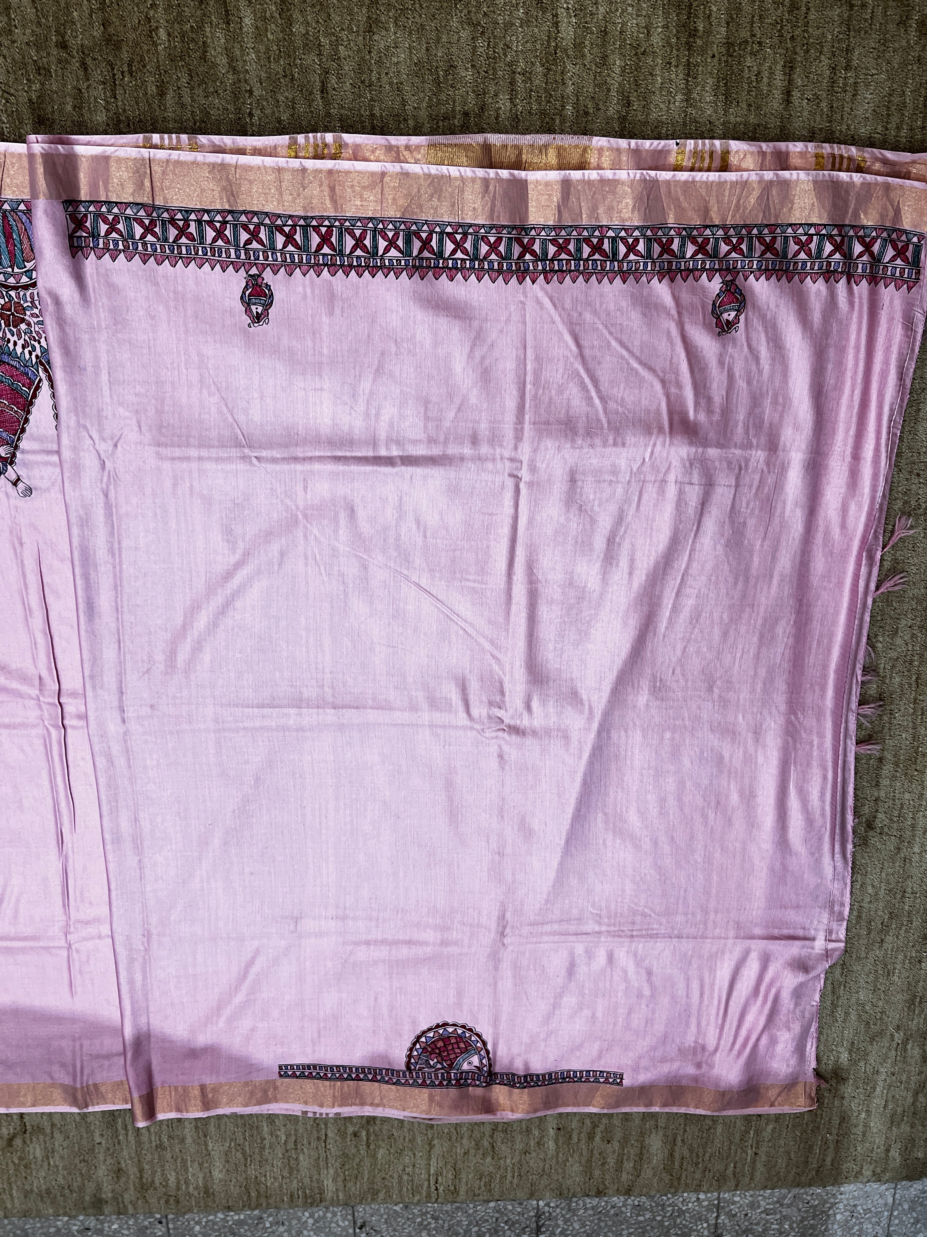 Hand-painted Blush Pink Dancing Doll Madhubani Cotton Silk Saree with Fish Motif Zari Border