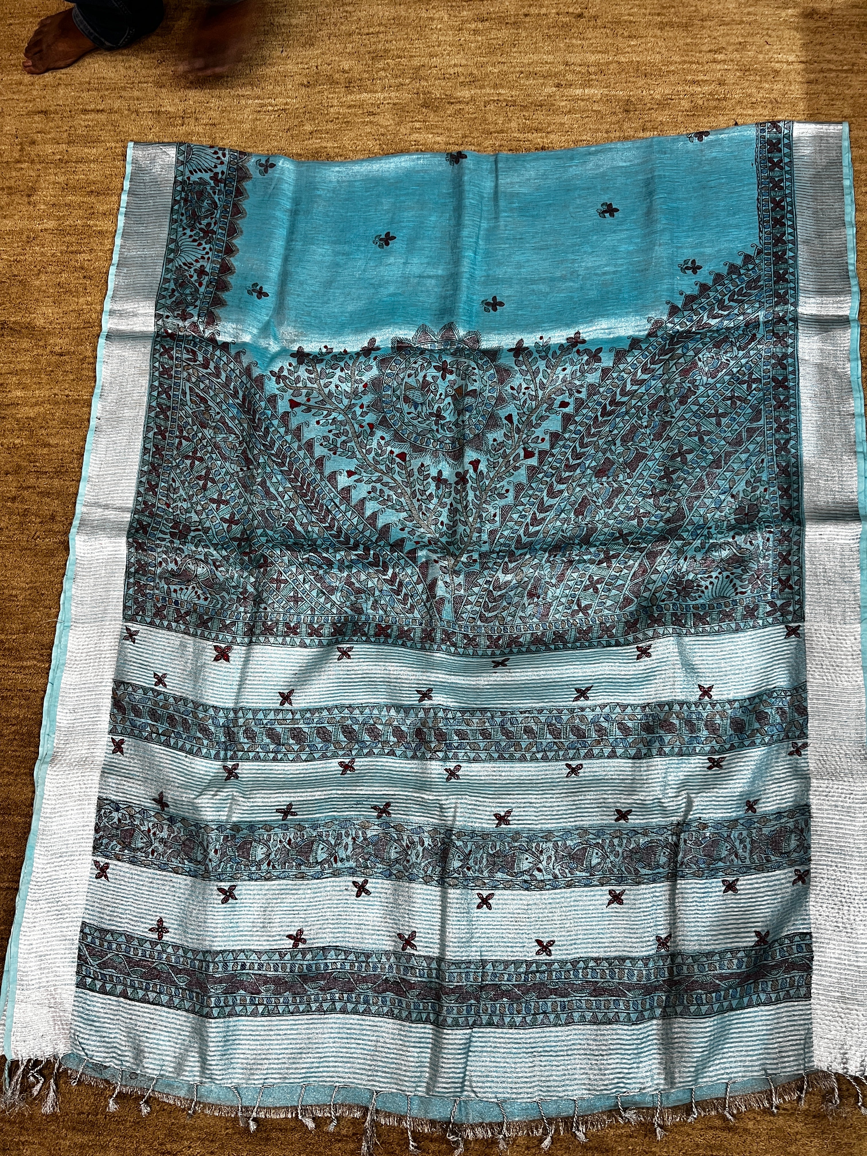 Hand-painted Sky Blue Tissue Linen Madhubani Saree with Fish Motifs & Mandala Pallu