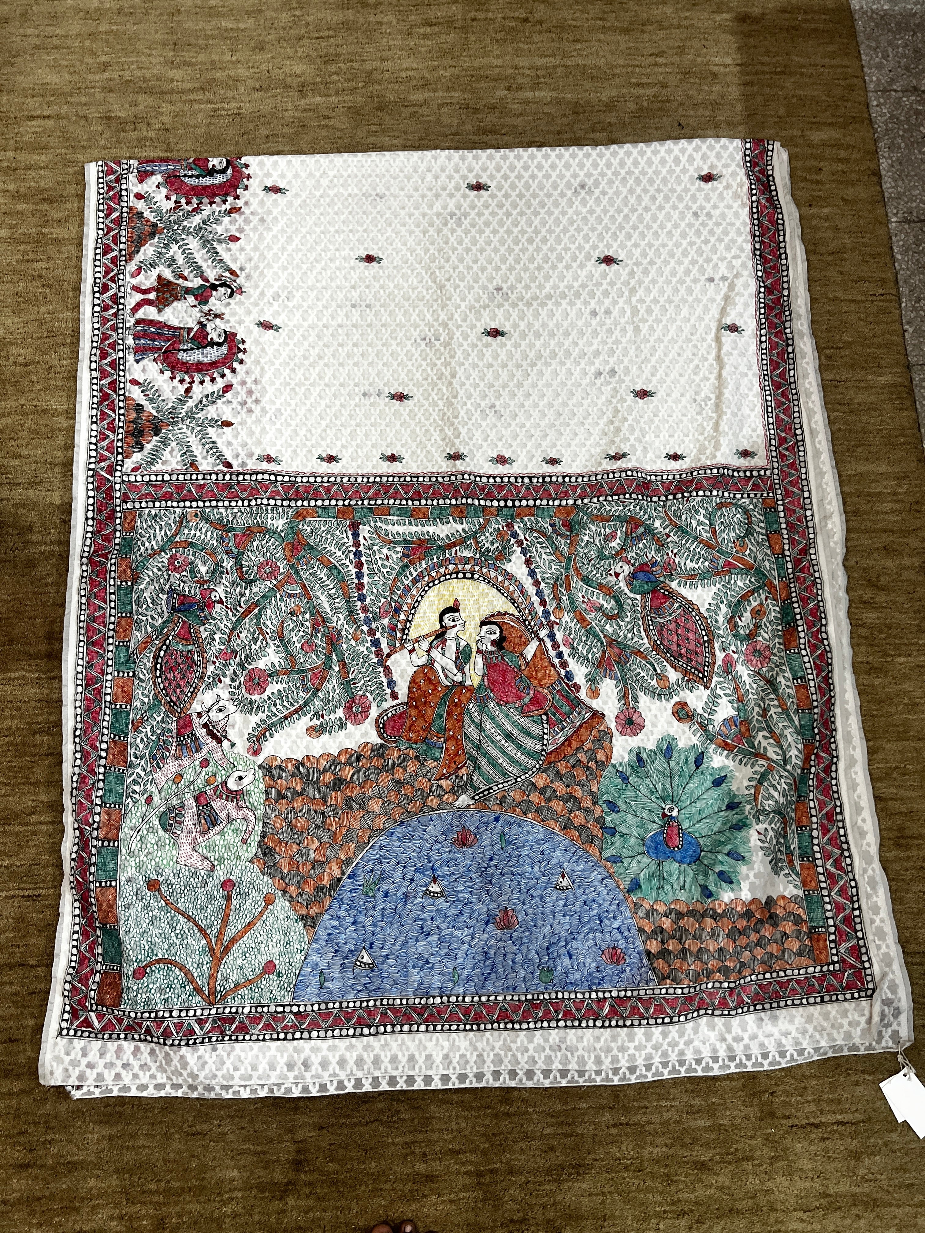 Hand-Painted Madhubani  Premium Chanderi Saree – Radha Krishna Theme with Peacock, Cow & Dance Border