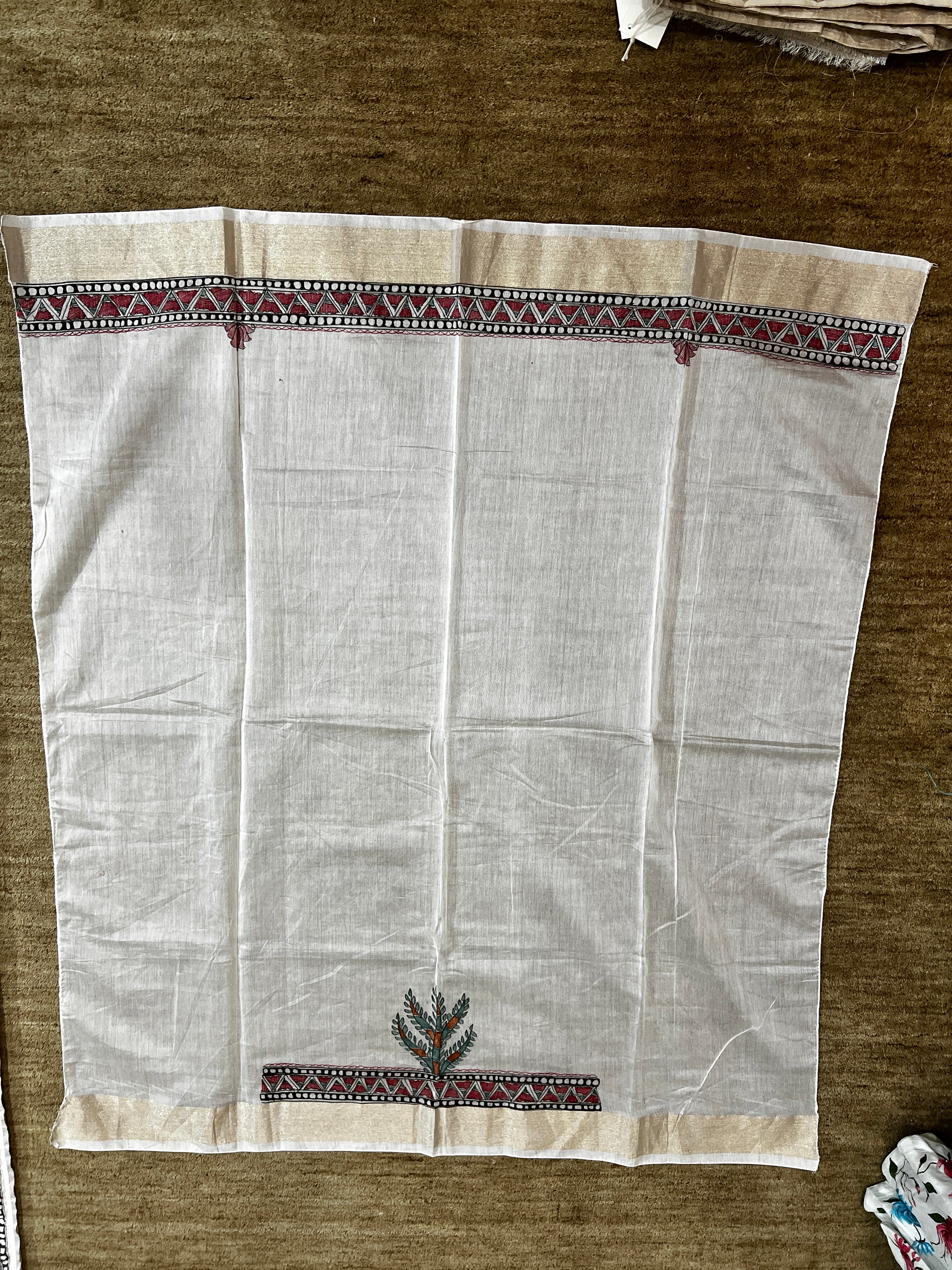 Hand-Painted Madhubani  Premium Chanderi Saree – Radha Krishna Theme with Peacock, Cow & Dance Border