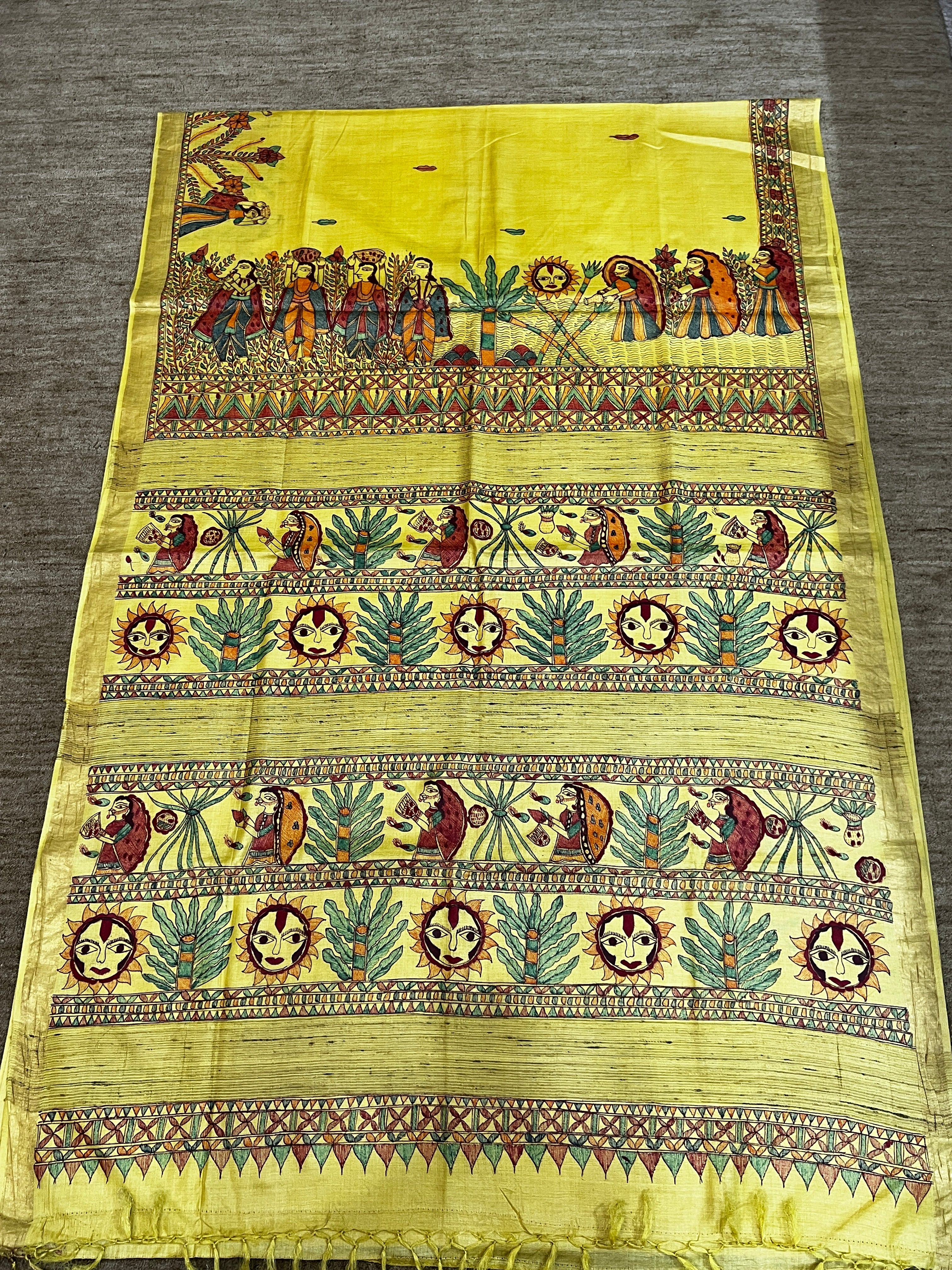 Premium Bright Yellow Tussar Munga Silk Madhubani Saree with Chhath Puja Artwork