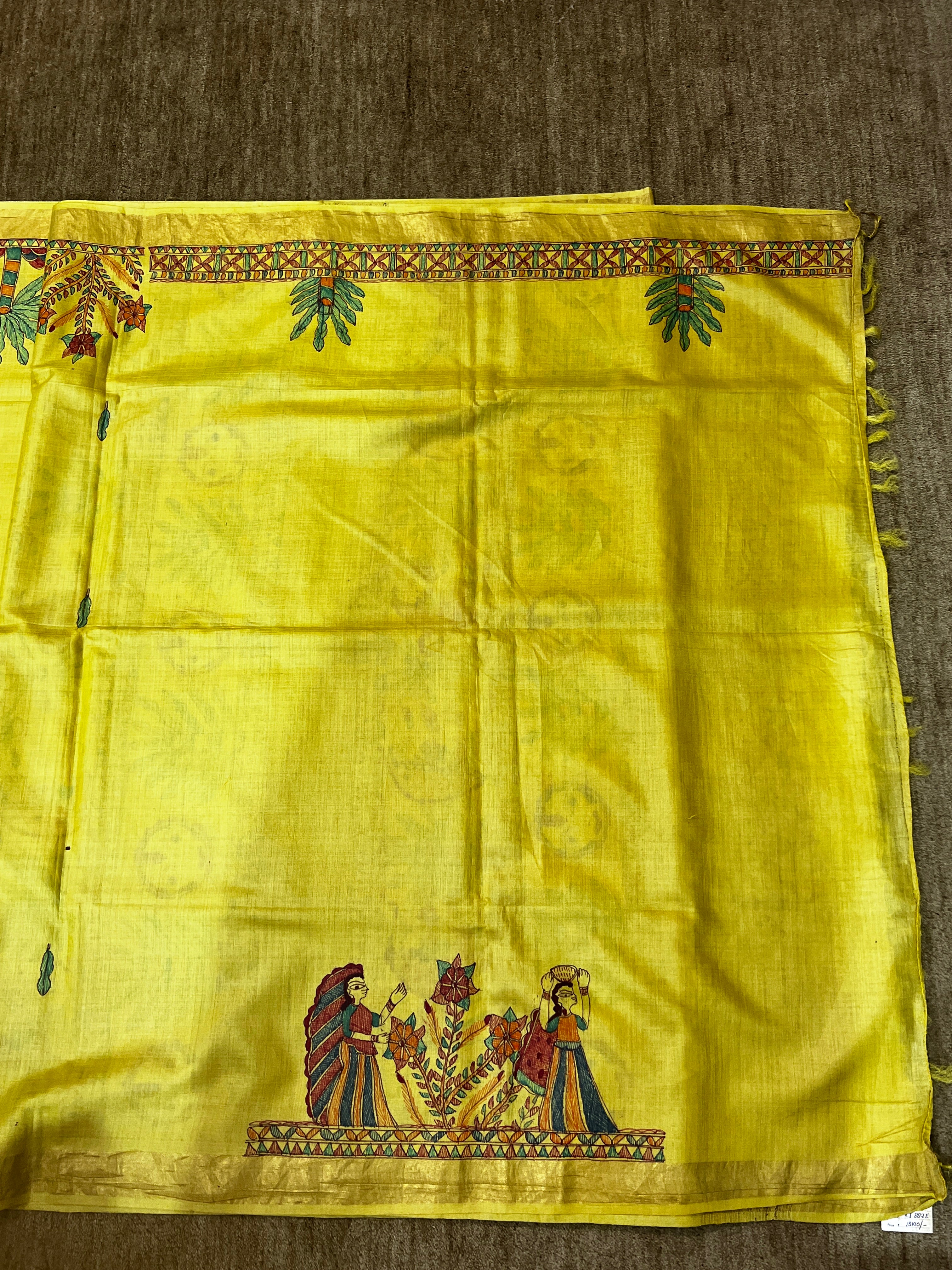 Premium Bright Yellow Tussar Munga Silk Madhubani Saree with Chhath Puja Artwork