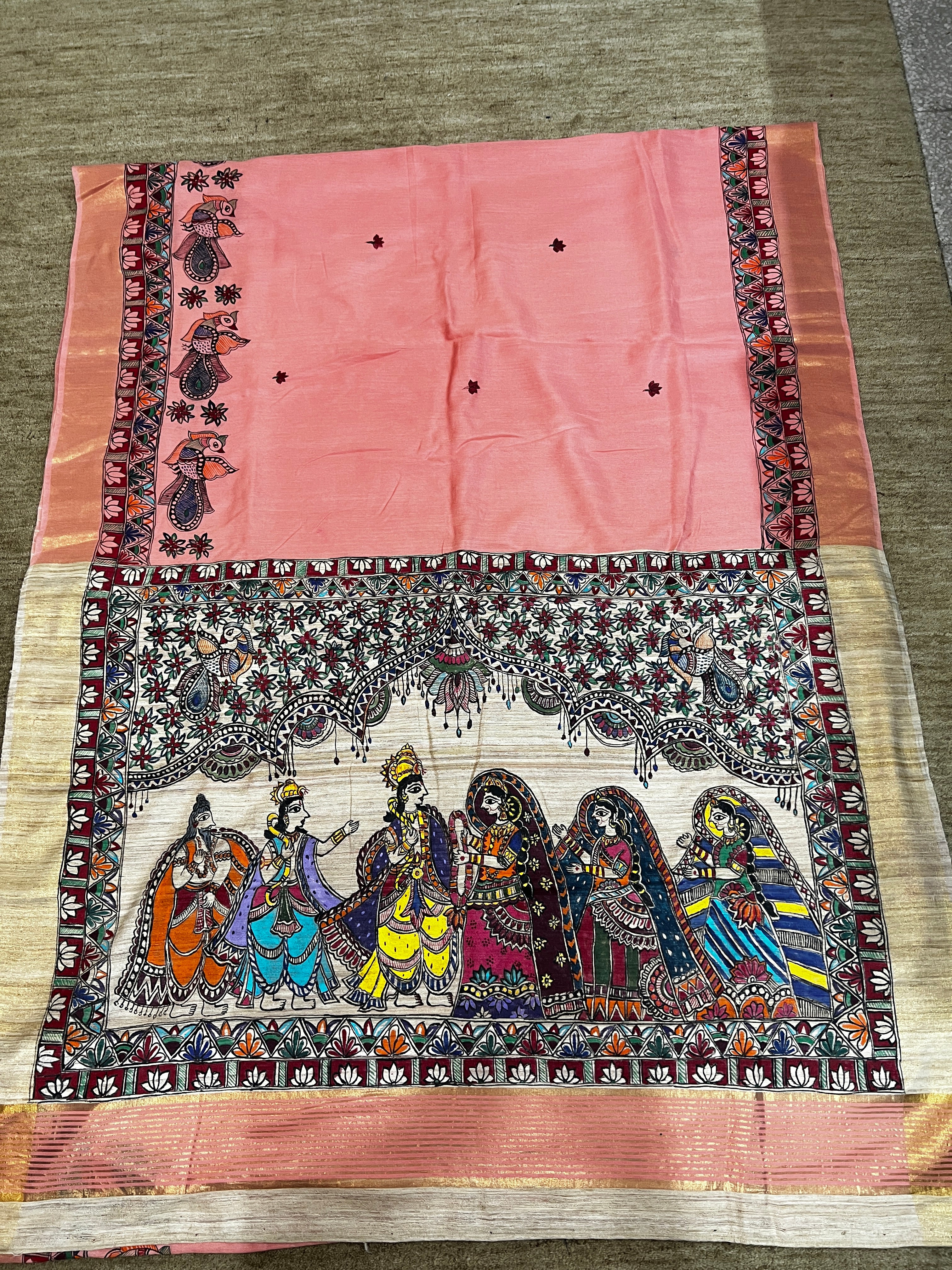 Premium Peach Pink Ghicha Staple Silk Hand-Painted Madhubani Saree with Grand Ram Vivah Pallu