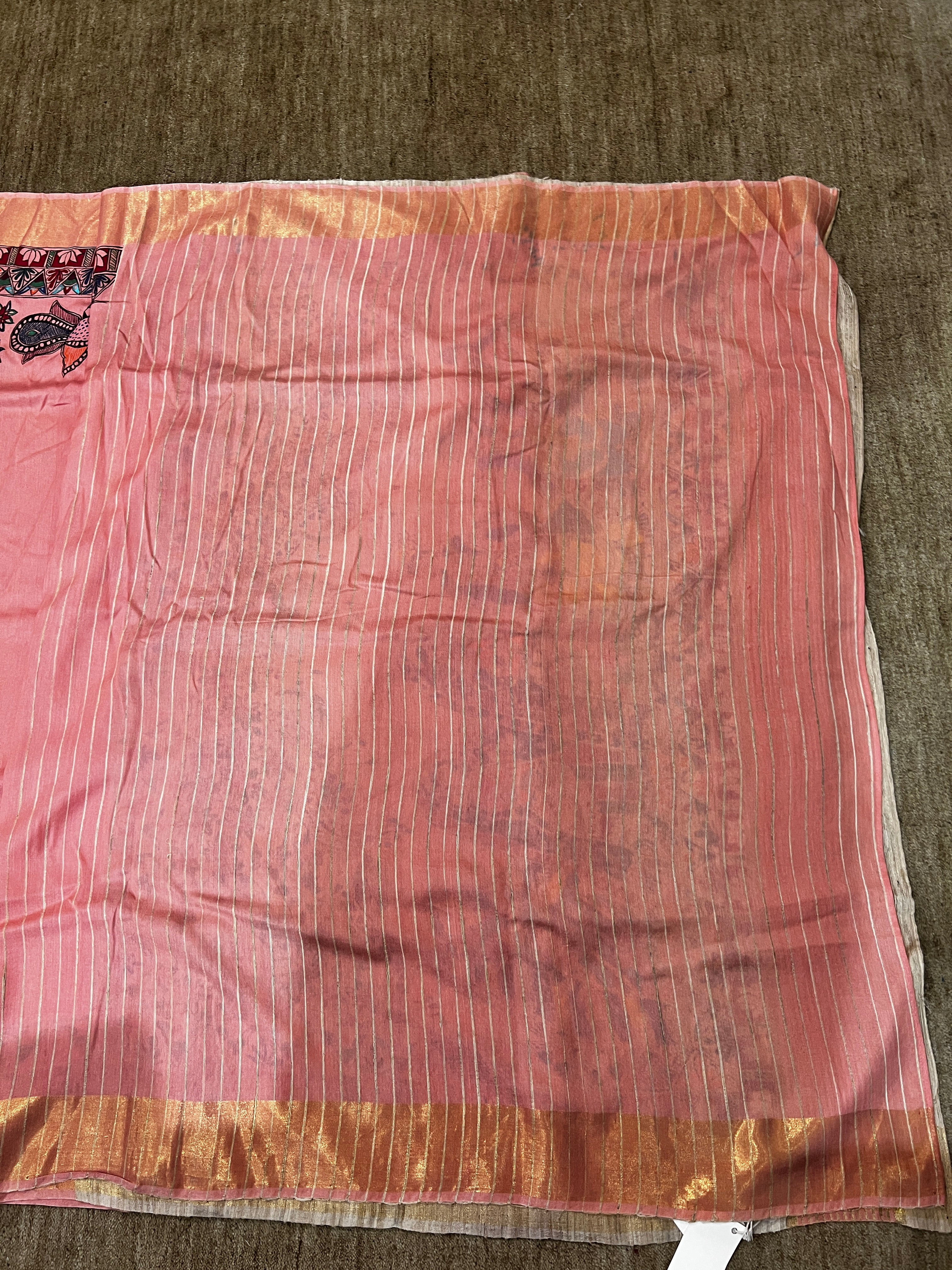 Premium Peach Pink Ghicha Staple Silk Hand-Painted Madhubani Saree with Grand Ram Vivah Pallu